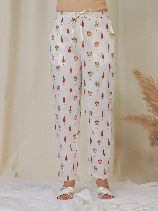 Soft Cotton Floral Off White Tapered Trousers