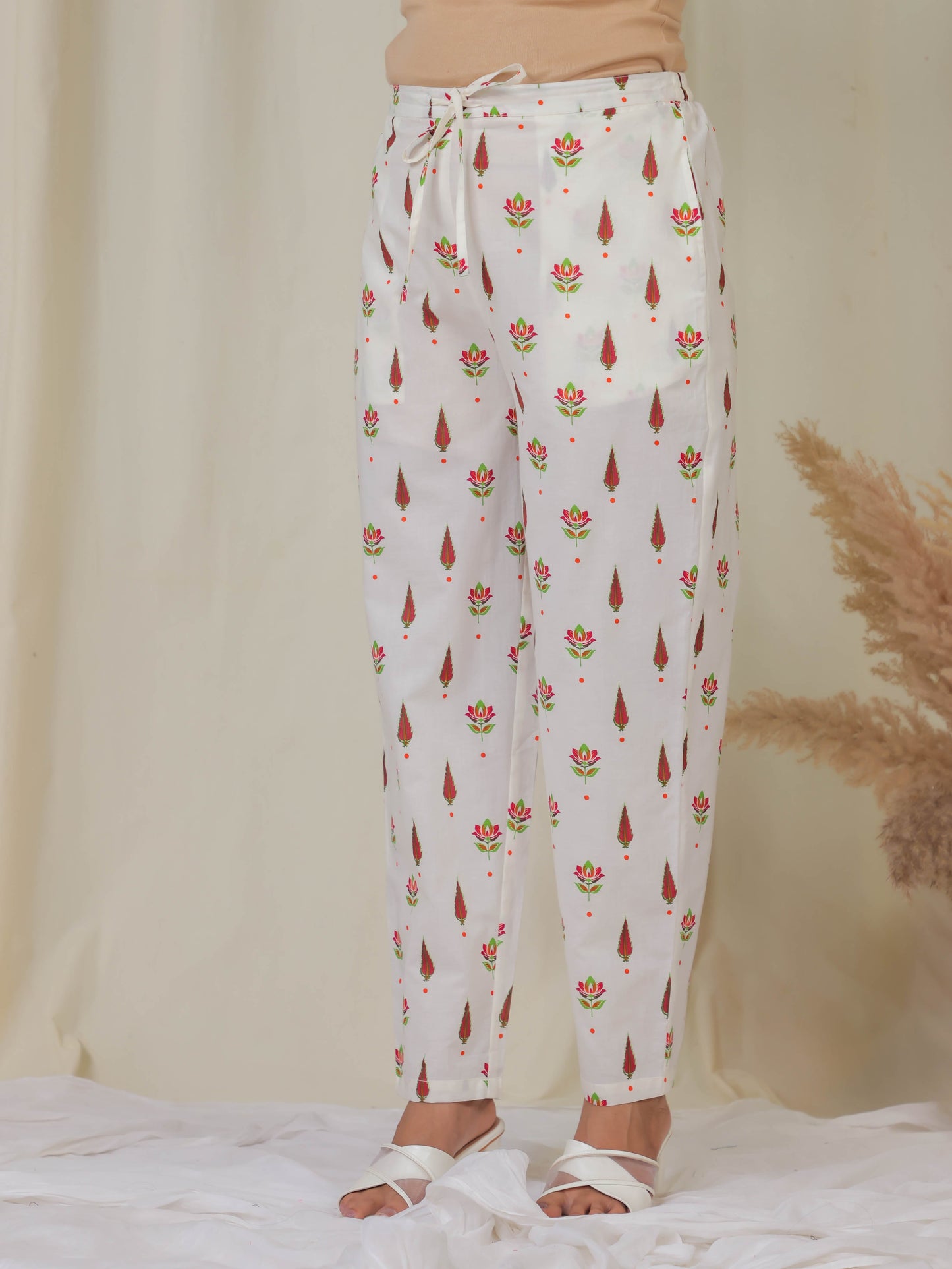 Soft Cotton Floral Off White Tapered Trousers