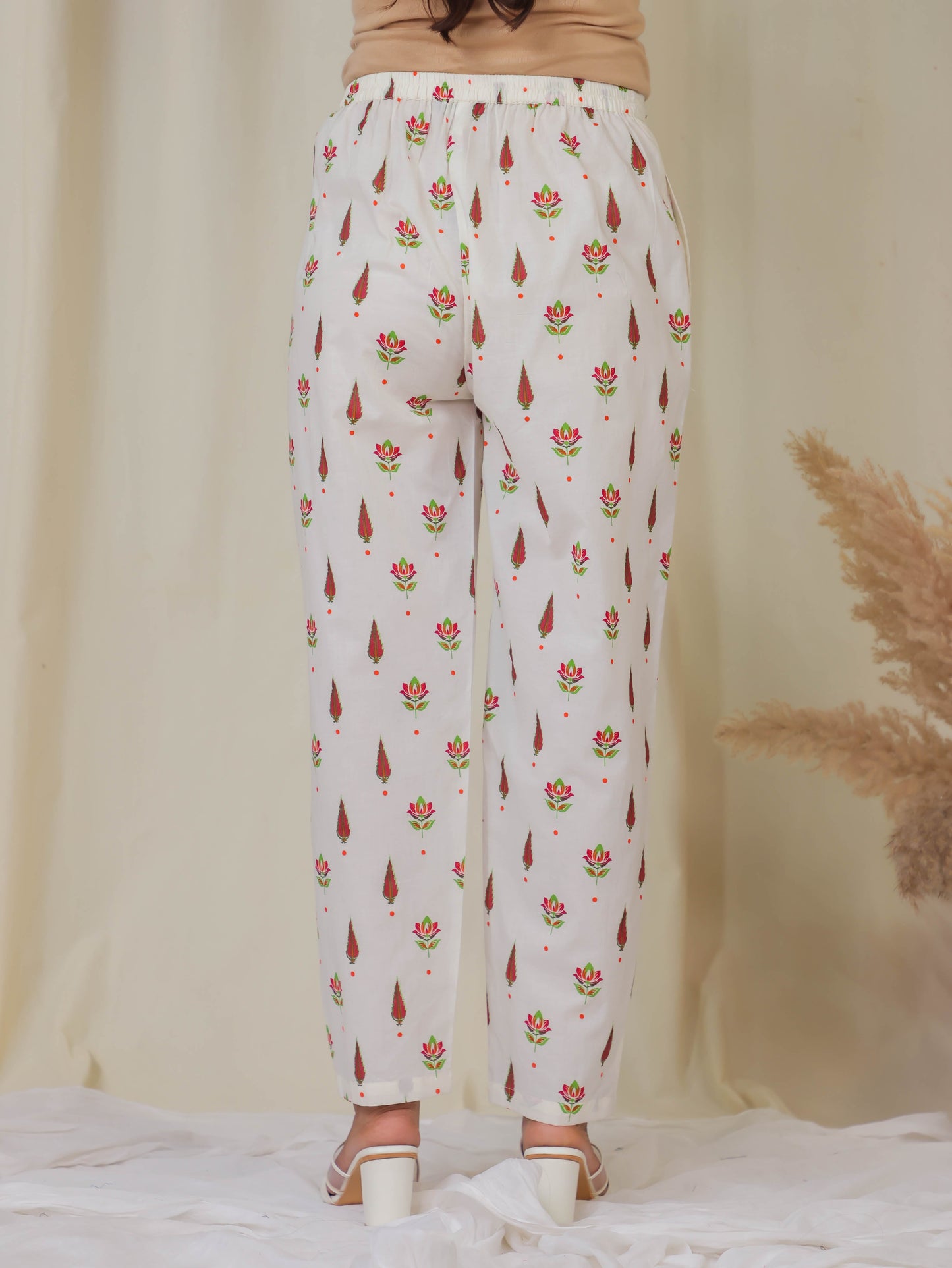 Soft Cotton Floral Off White Tapered Trousers