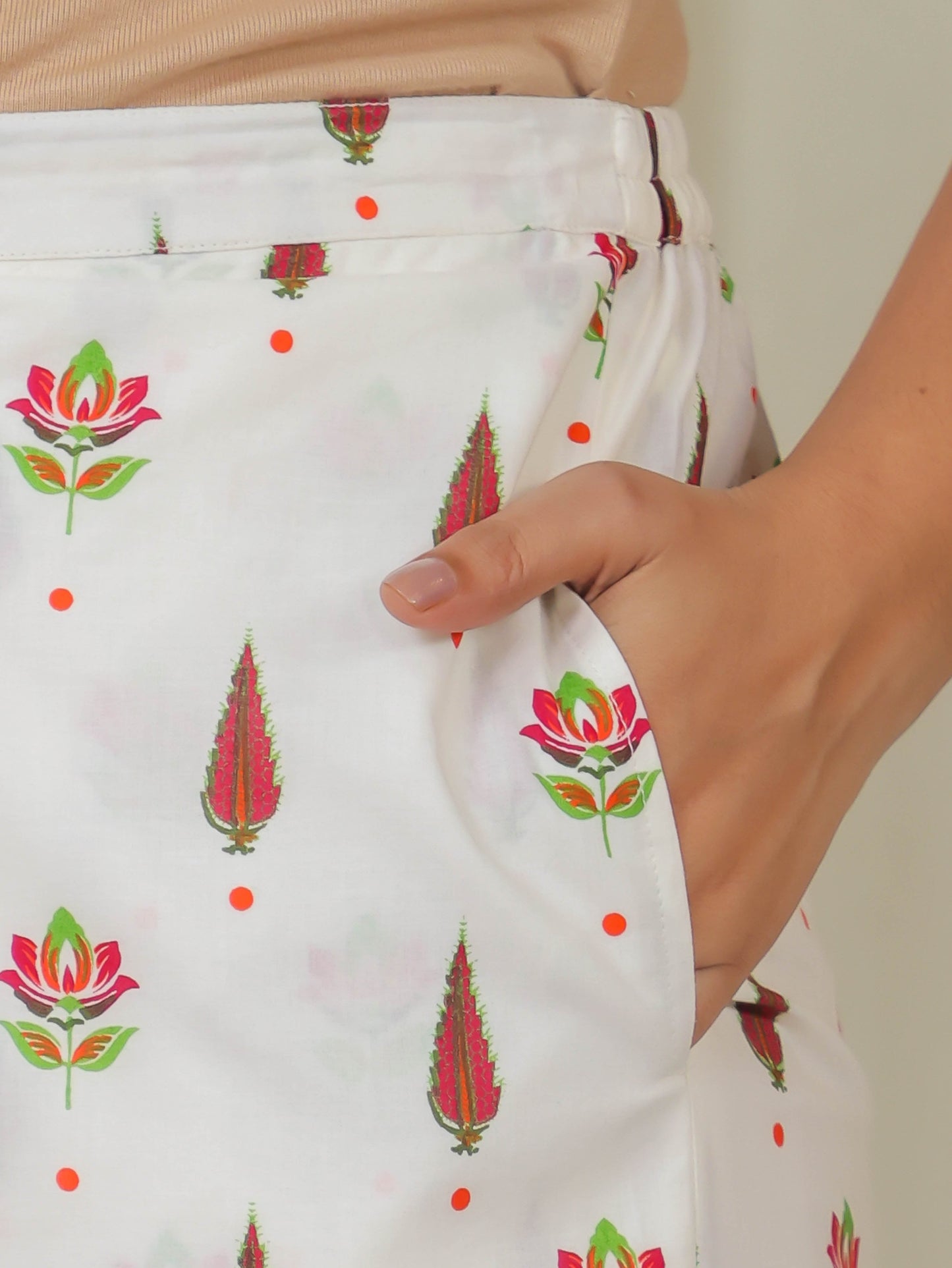 Soft Cotton Floral Off White Tapered Trousers