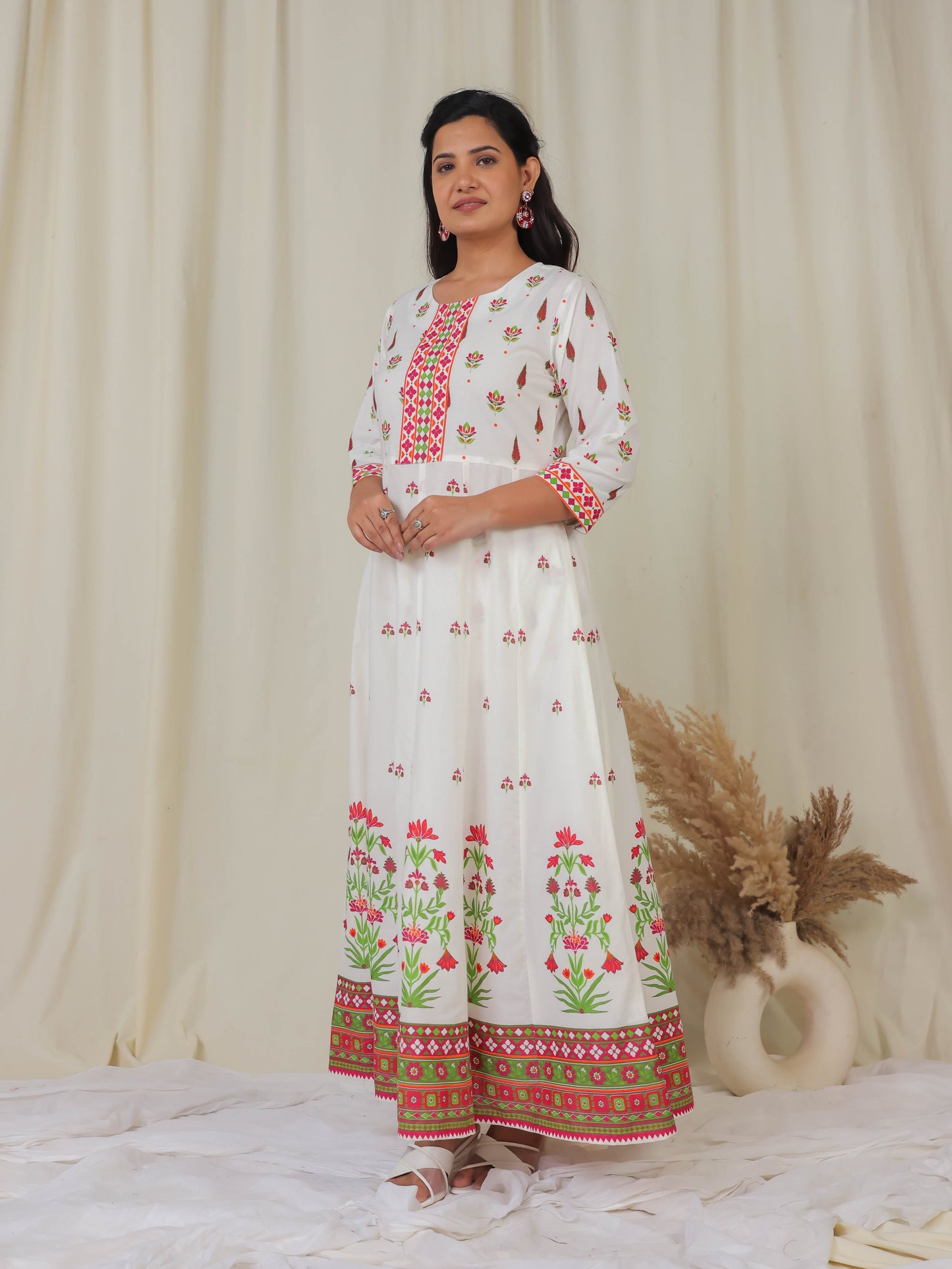 Soft Cotton Floral Anarkali Off White Kurta