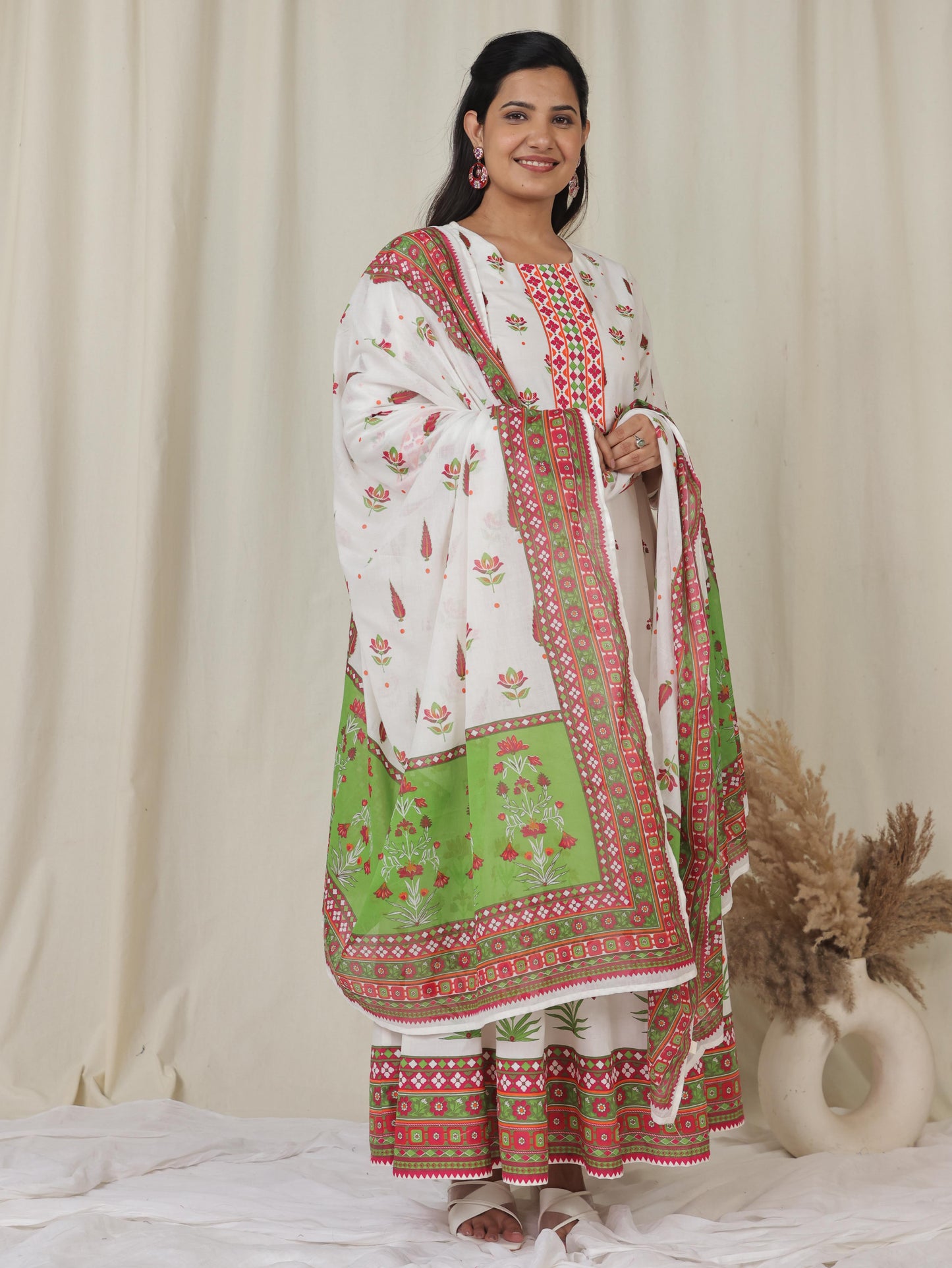 Soft Cotton Floral Anarkali Off White Kurta