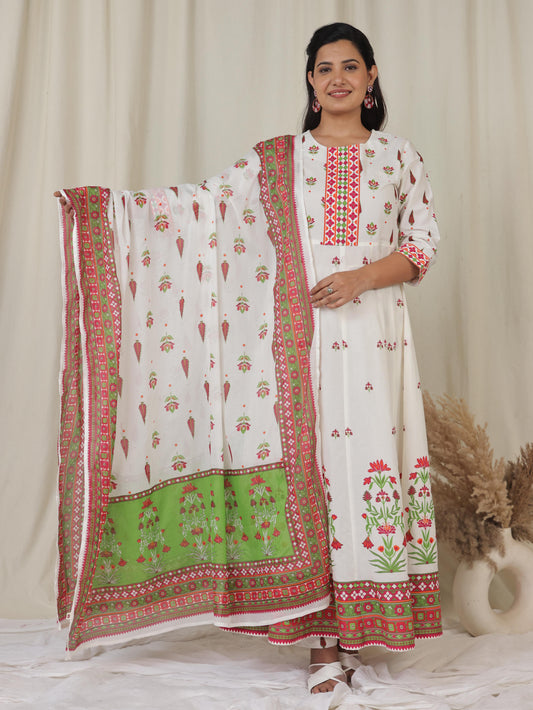 Soft Cotton Floral Anarkali Off White Kurta