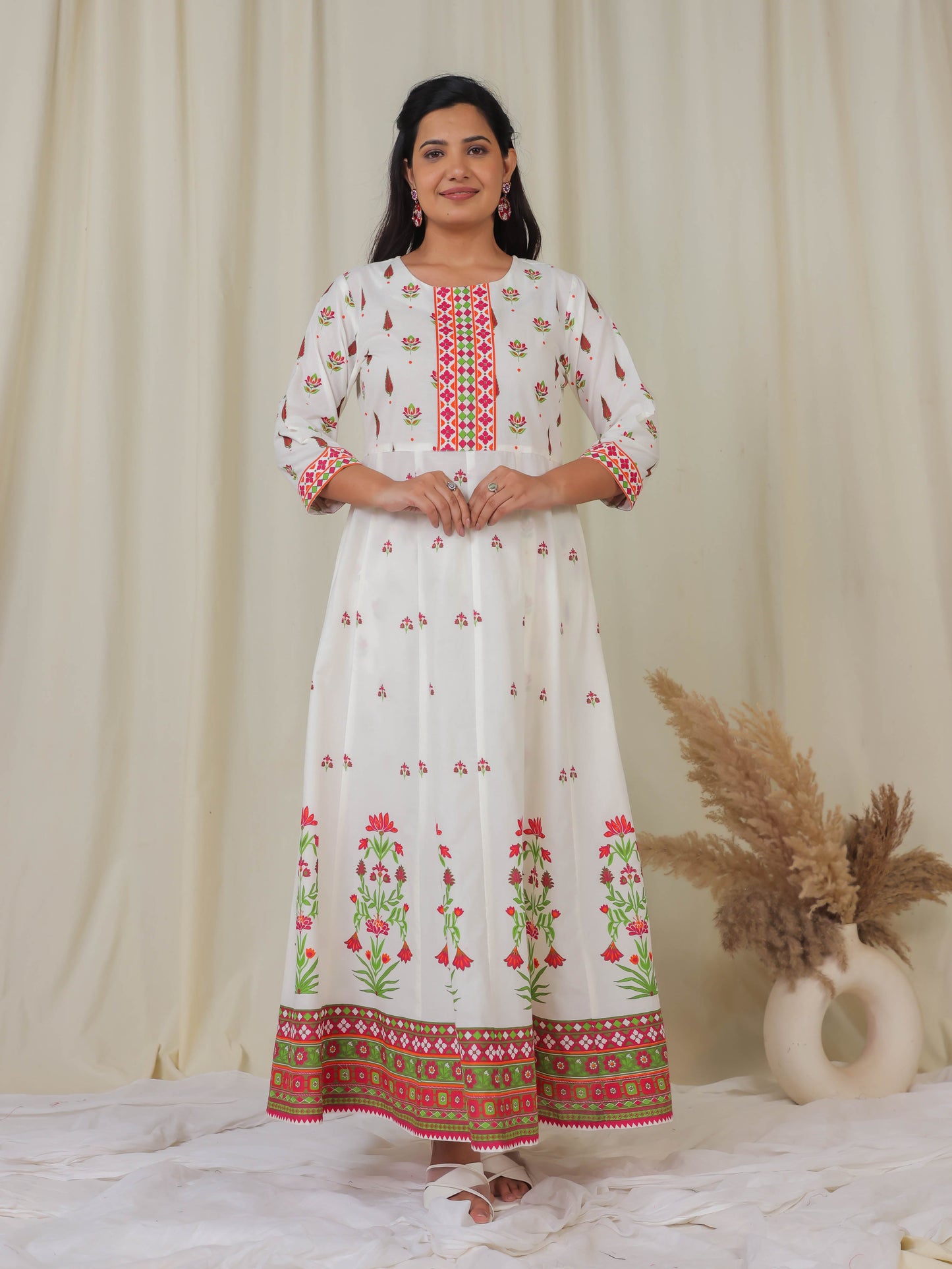 Soft Cotton Floral Anarkali Off White Kurta