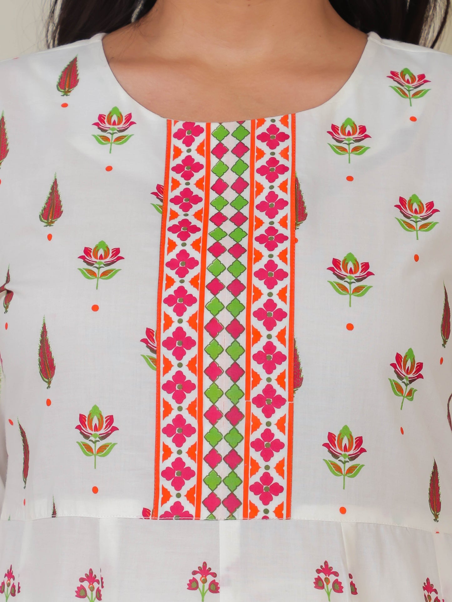 Soft Cotton Floral Anarkali Off White Kurta