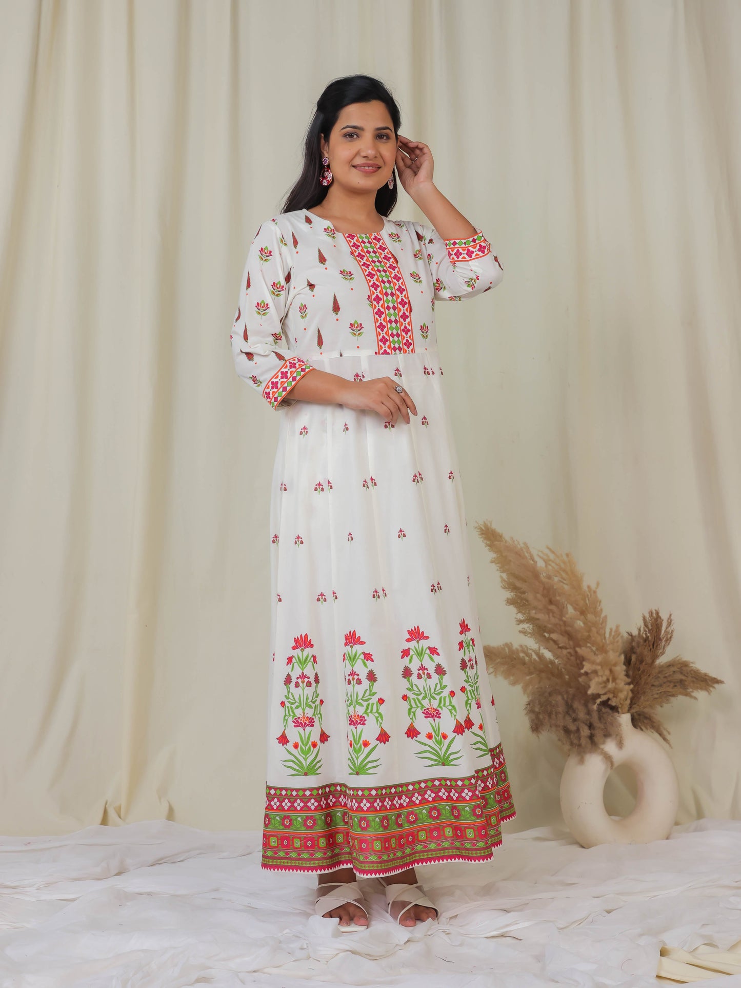 Soft Cotton Floral Anarkali Off White Kurta