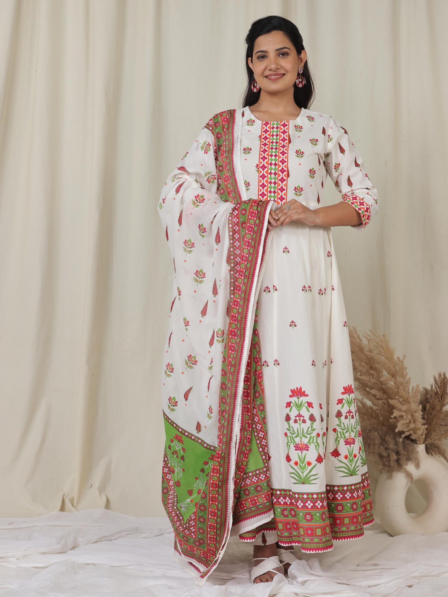Soft Cotton Floral Anarkali Off White Kurta