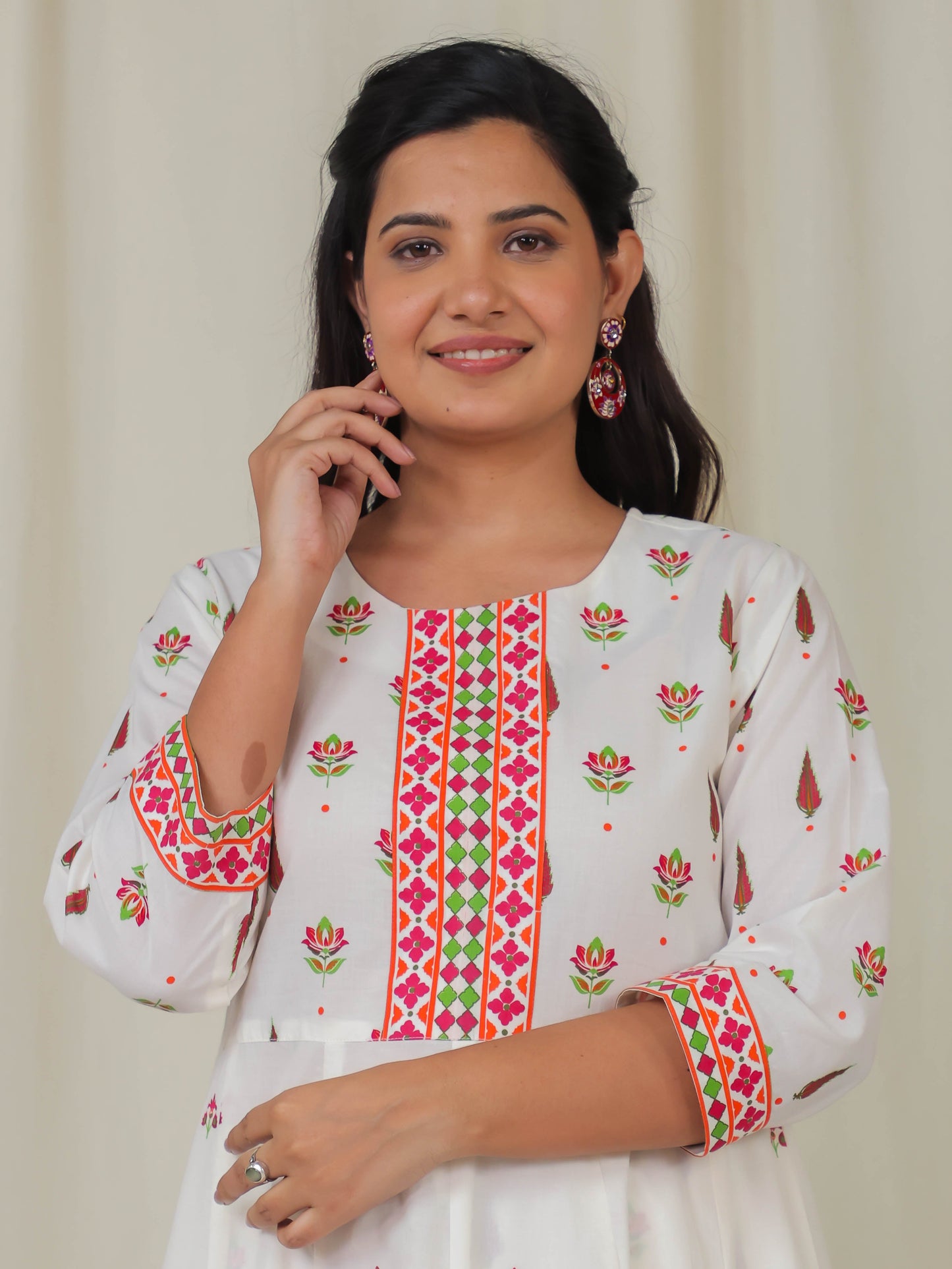 Soft Cotton Floral Anarkali Off White Kurta