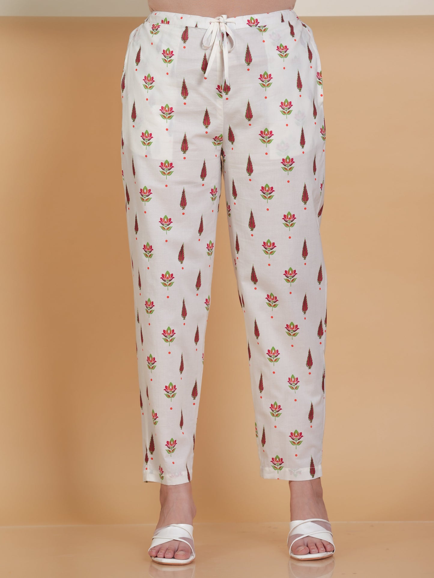 Soft Cotton Floral Off White Tapered Trousers