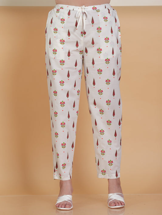 Soft Cotton Floral Off White Tapered Trousers