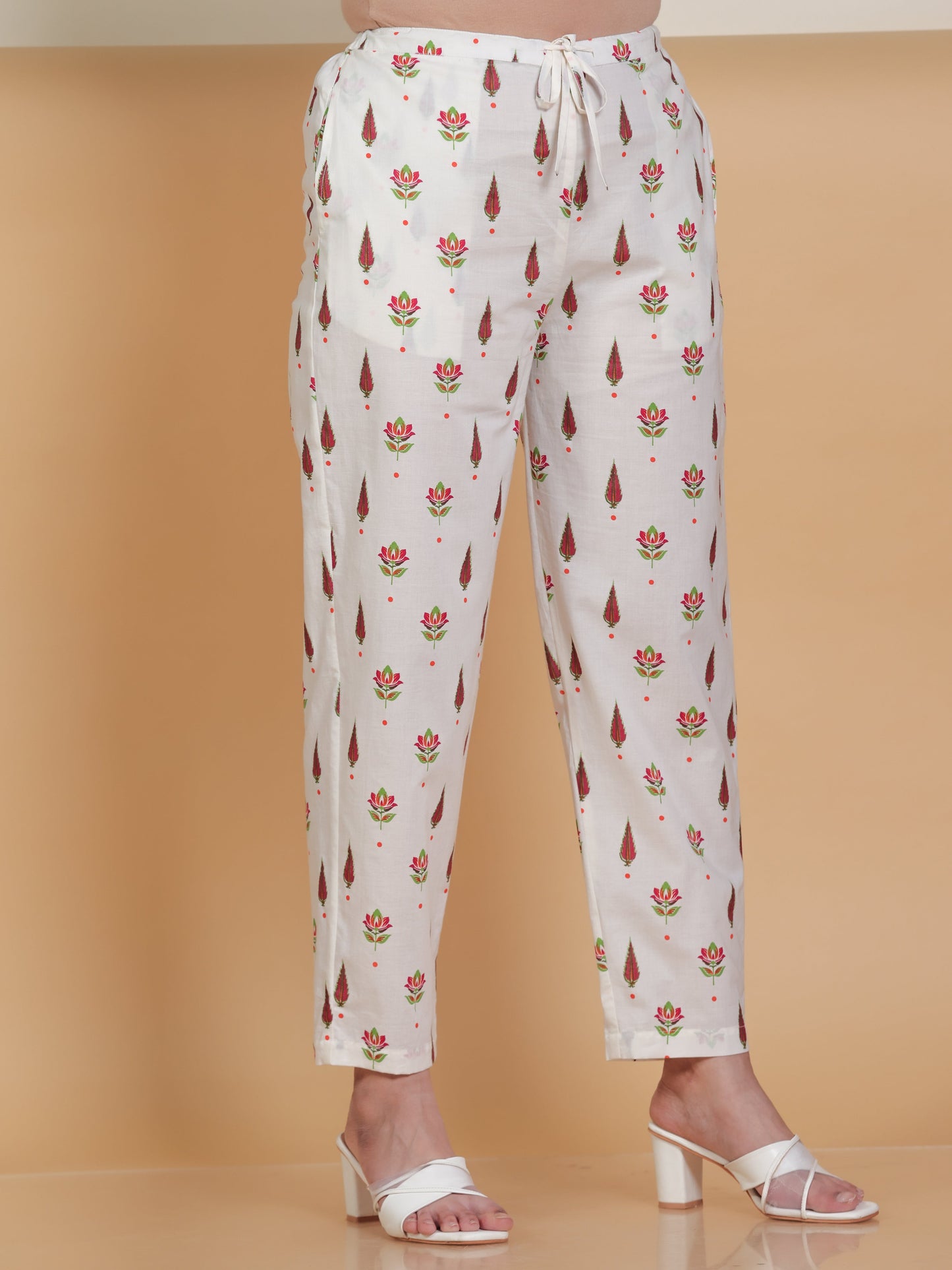 Soft Cotton Floral Off White Tapered Trousers