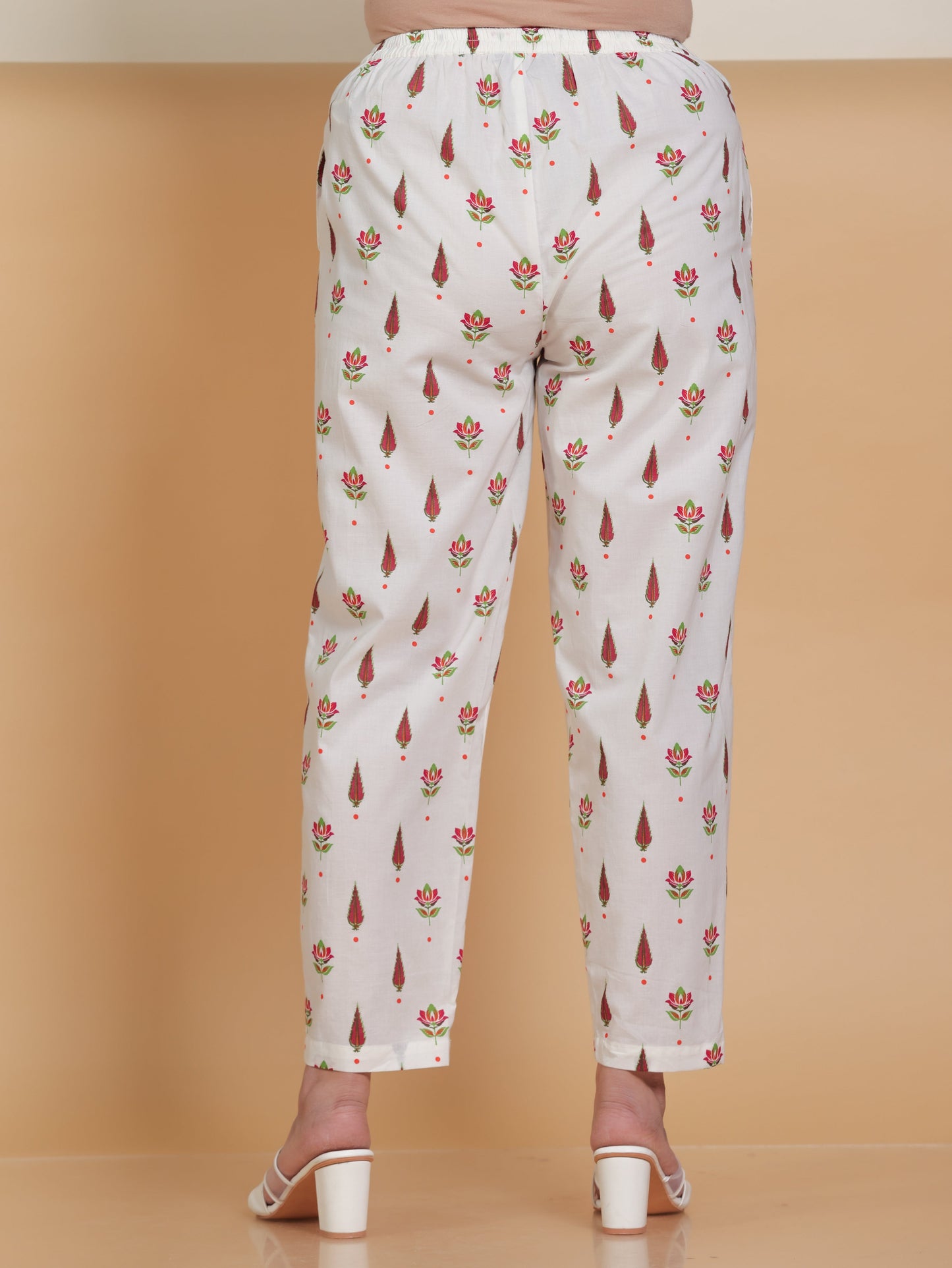 Soft Cotton Floral Off White Tapered Trousers