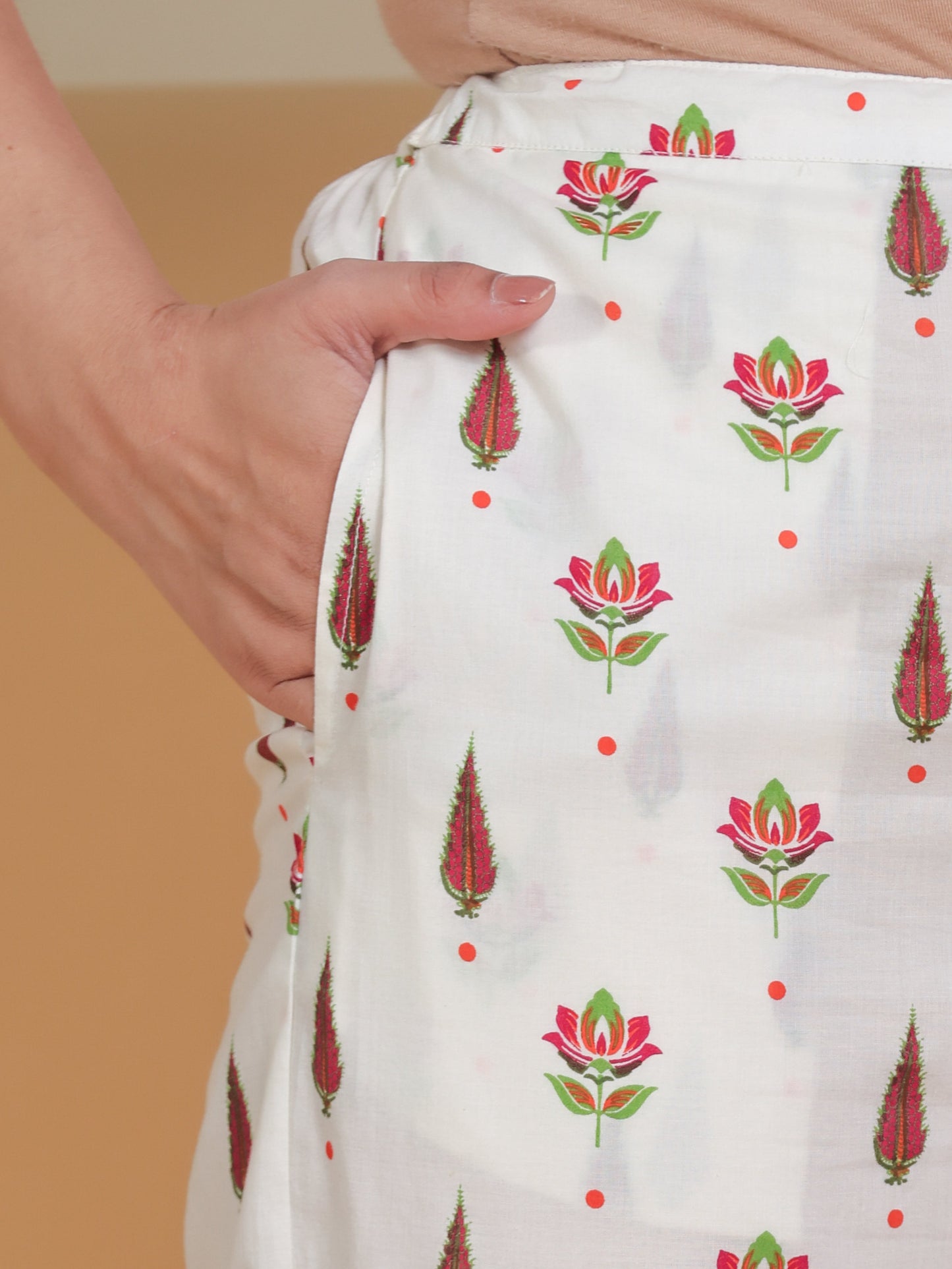 Soft Cotton Floral Off White Tapered Trousers