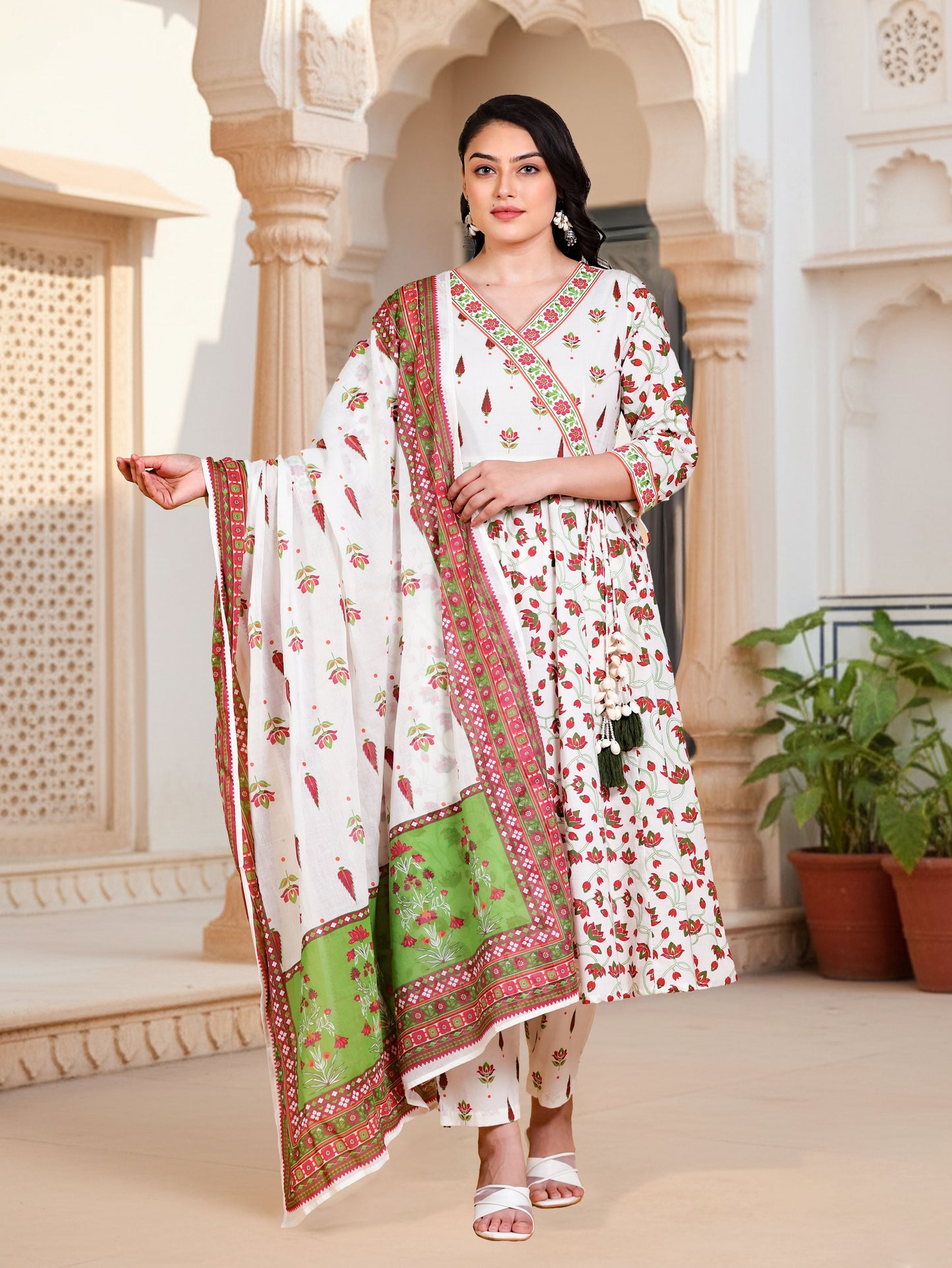 Soft Cotton Floral Angrakha Off White Kurta