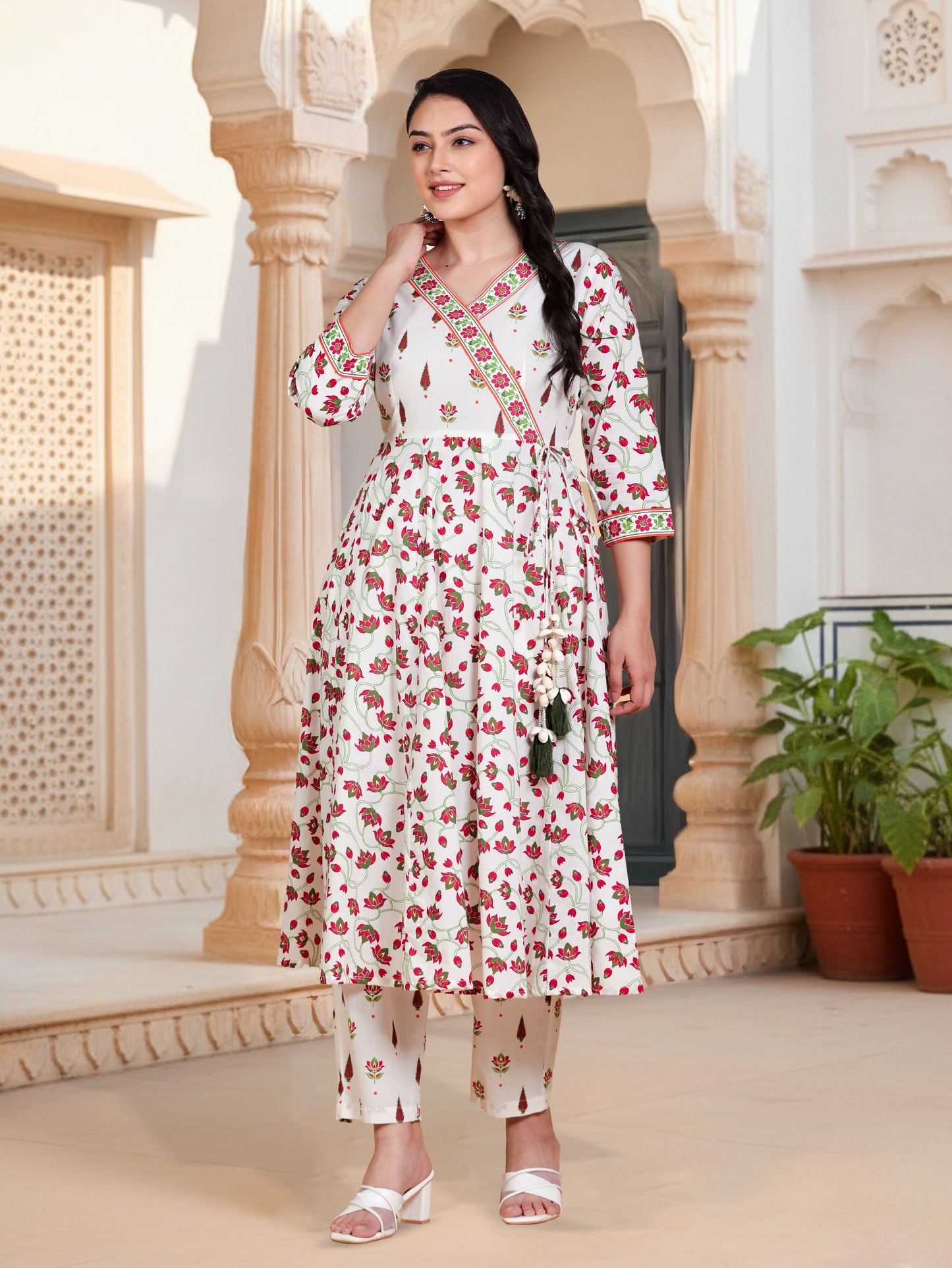 Soft Cotton Floral Angrakha Off White Kurta