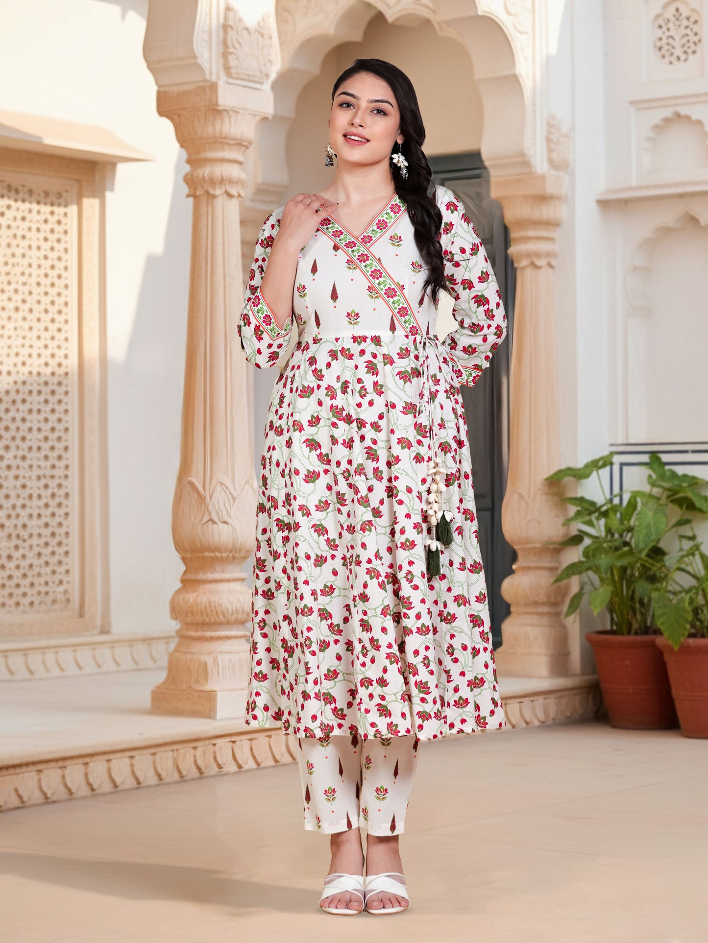 Soft Cotton Floral Angrakha Off White Kurta