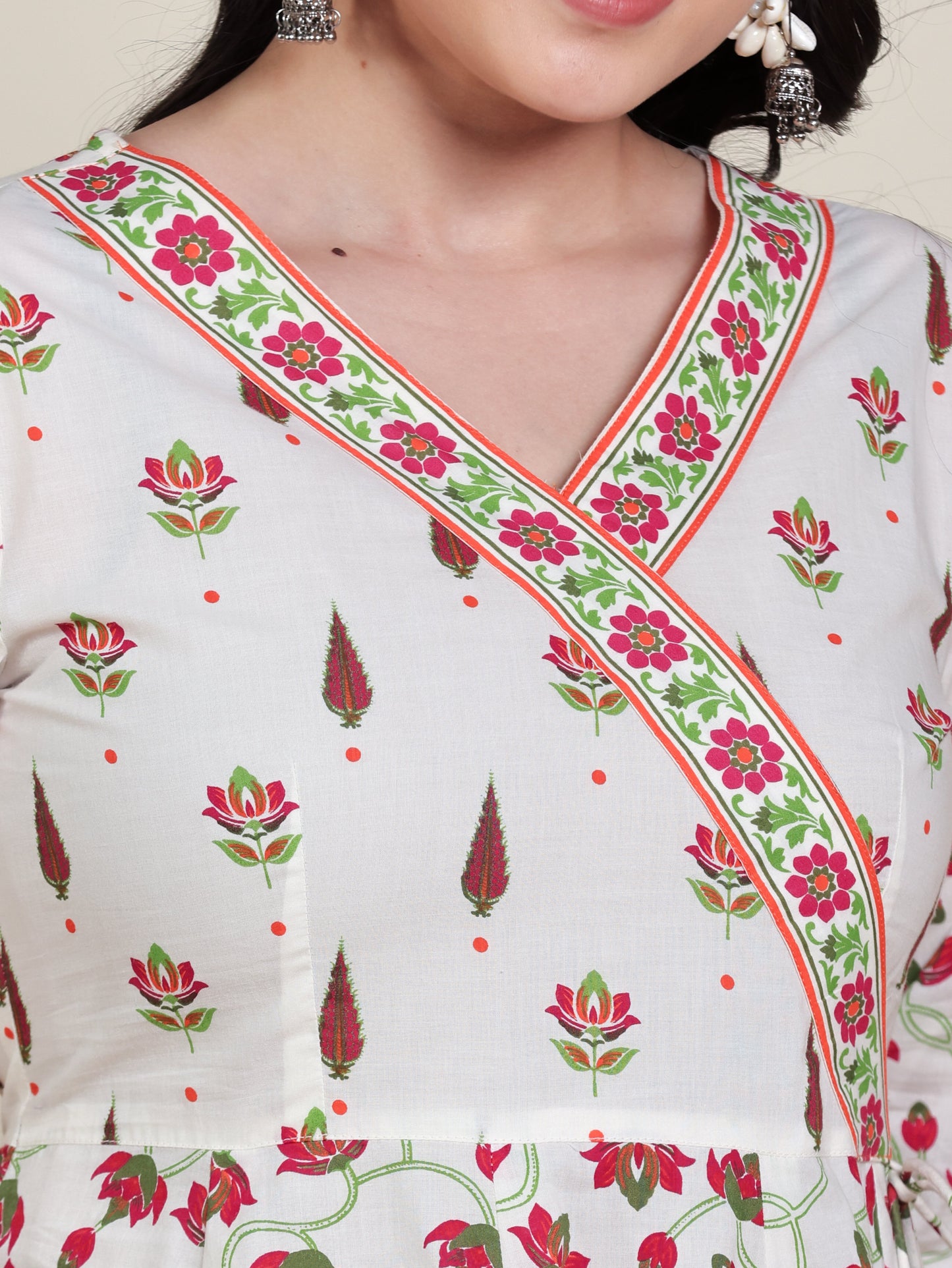 Soft Cotton Floral Angrakha Off White Kurta