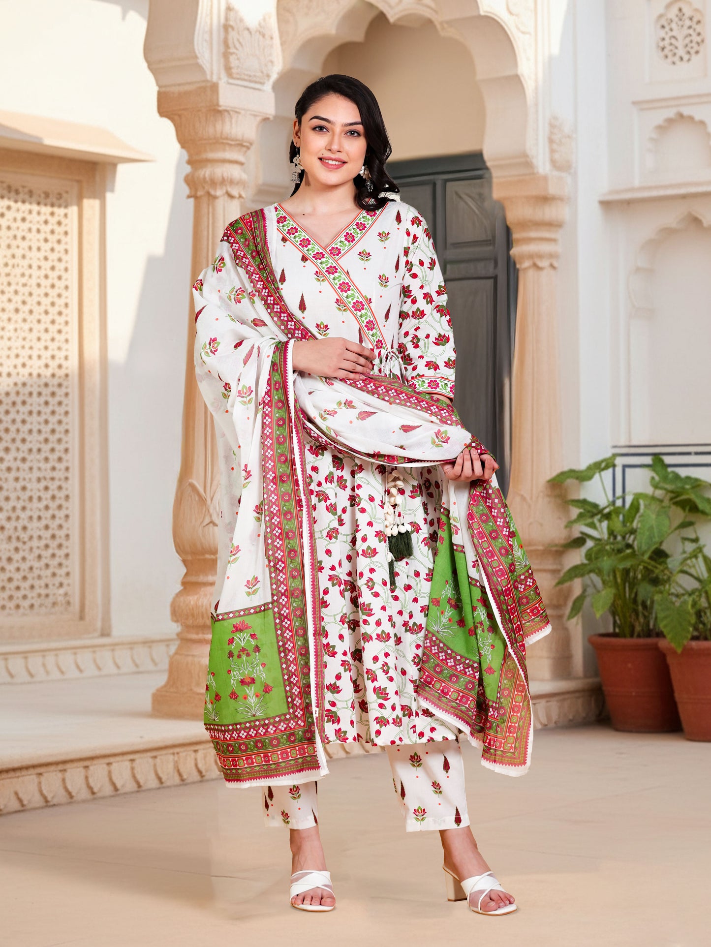 Soft Cotton Floral Angrakha Off White Kurta