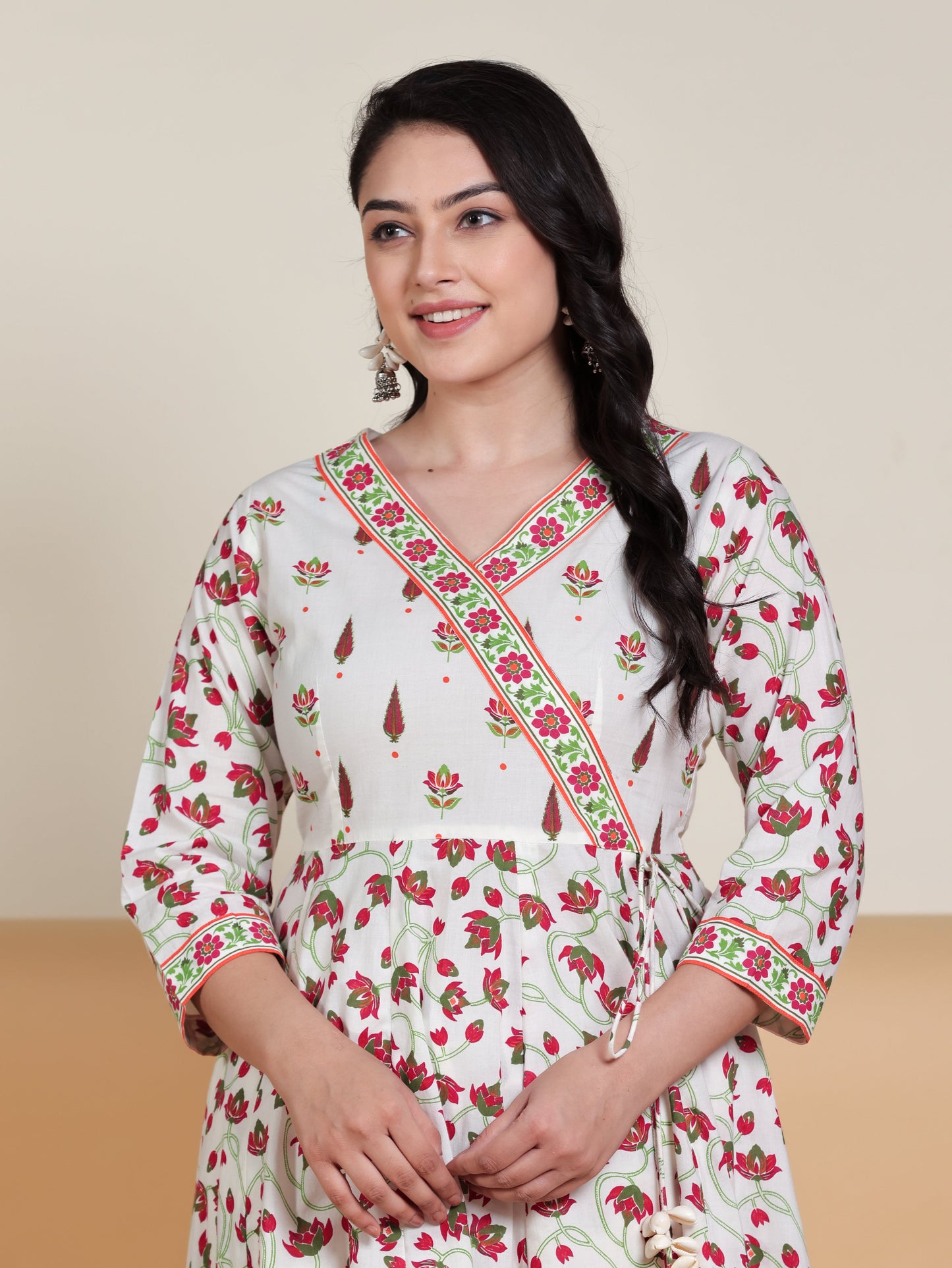 Soft Cotton Floral Angrakha Off White Kurta