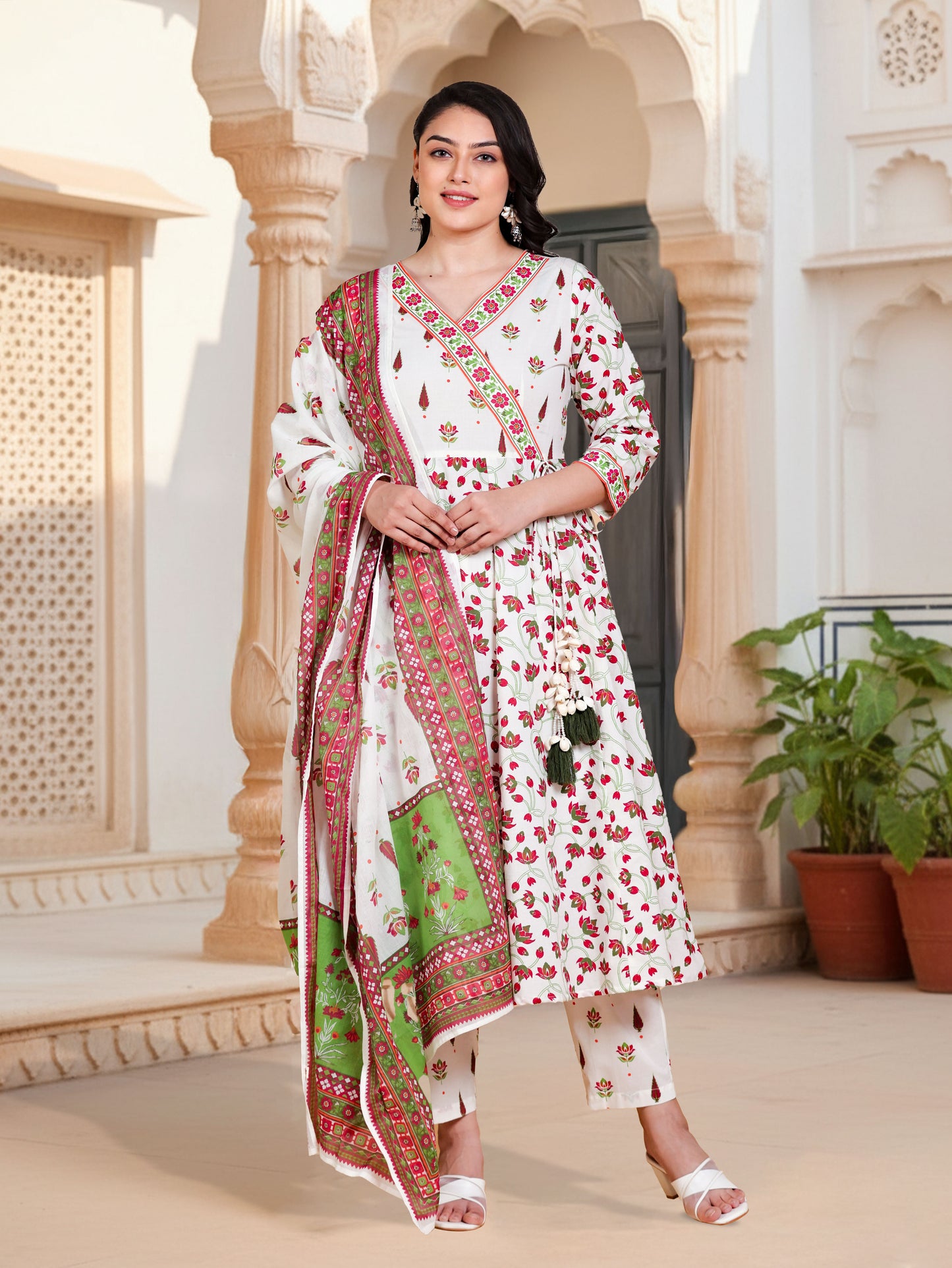 Soft Cotton Floral Angrakha Off White Kurta