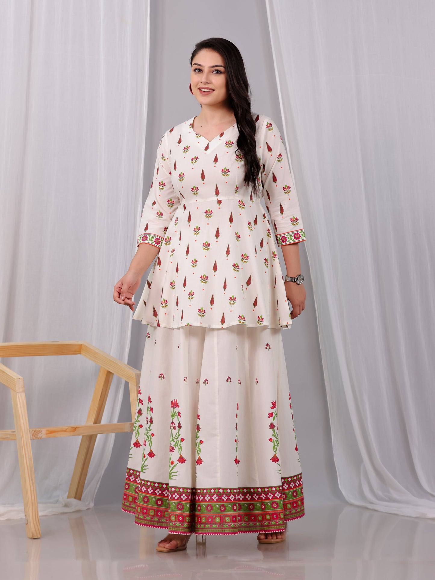 Soft Cotton Floral Flared Off White Kurta