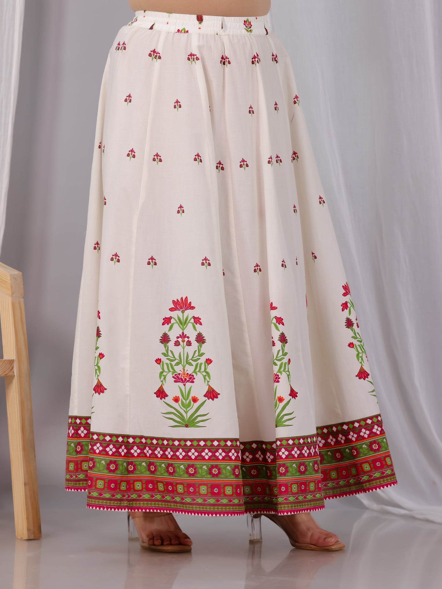 Soft Cotton Floral Flared Off White Kurta