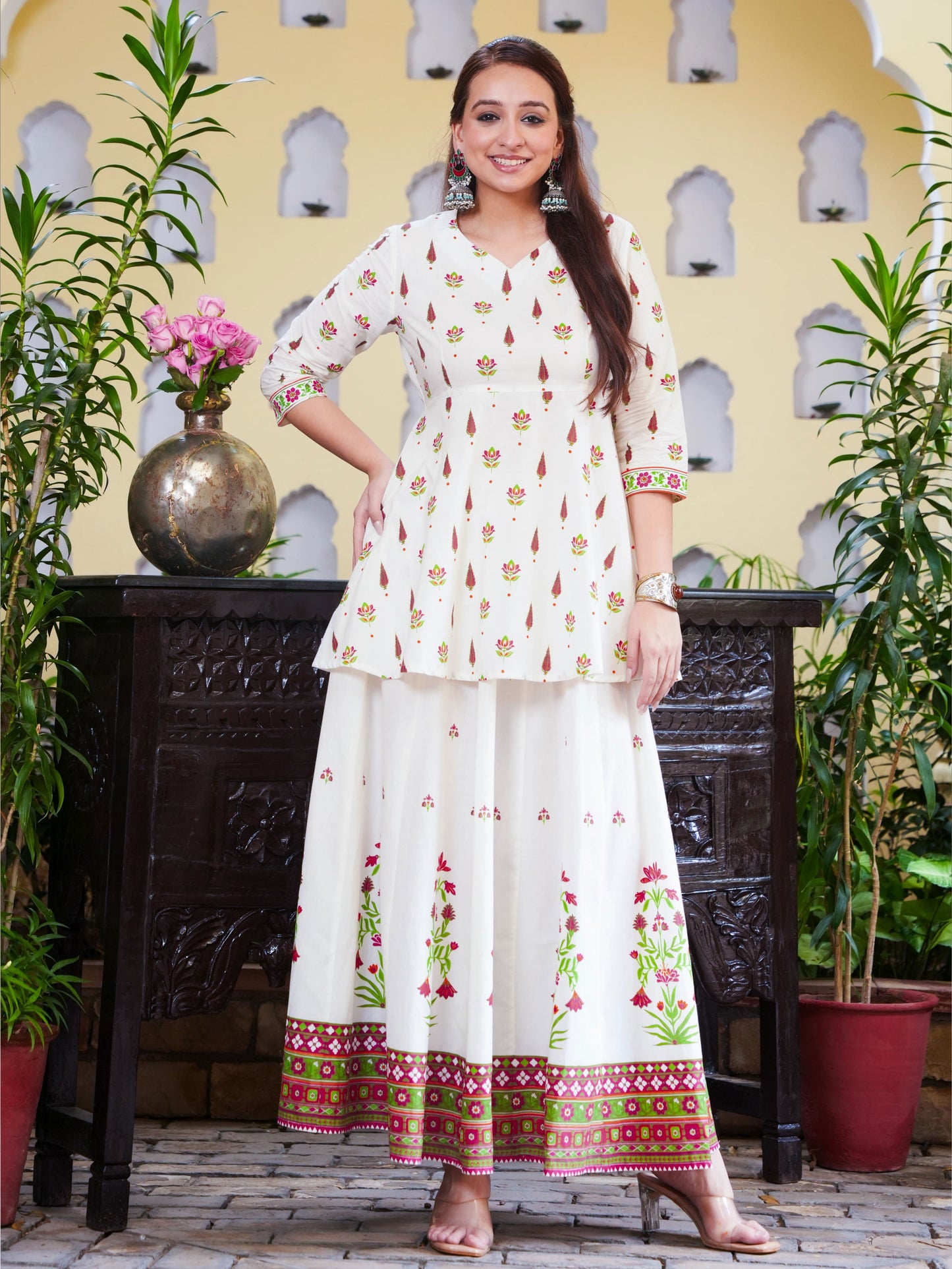 Soft Cotton Floral Flared Off White Kurta
