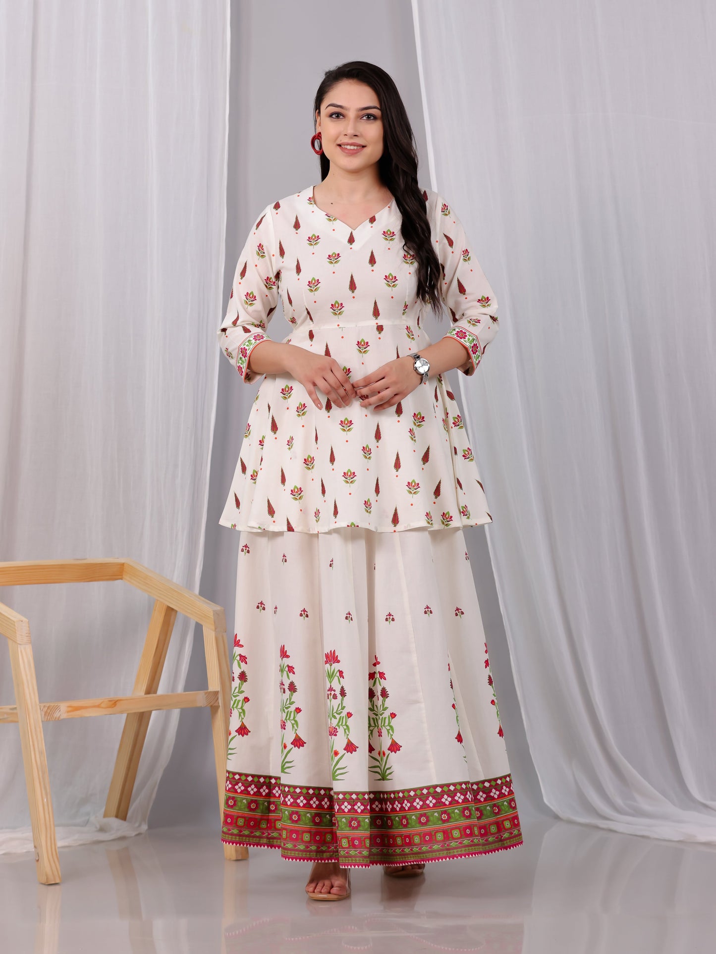 Soft Cotton Floral Flared Off White Kurta