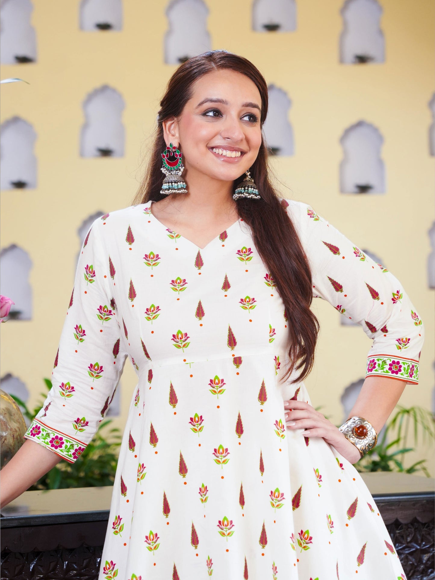 Soft Cotton Floral Flared Off White Kurta