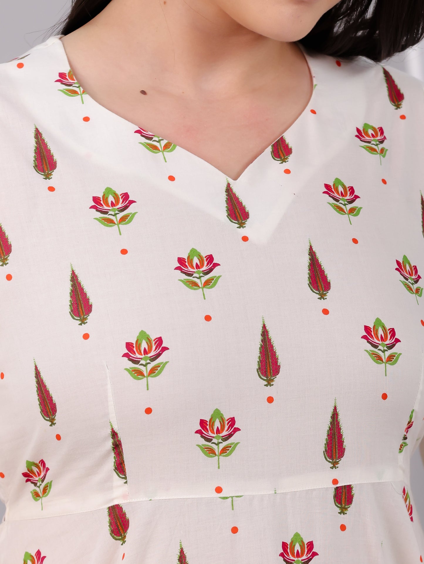 Soft Cotton Floral Flared Off White Kurta