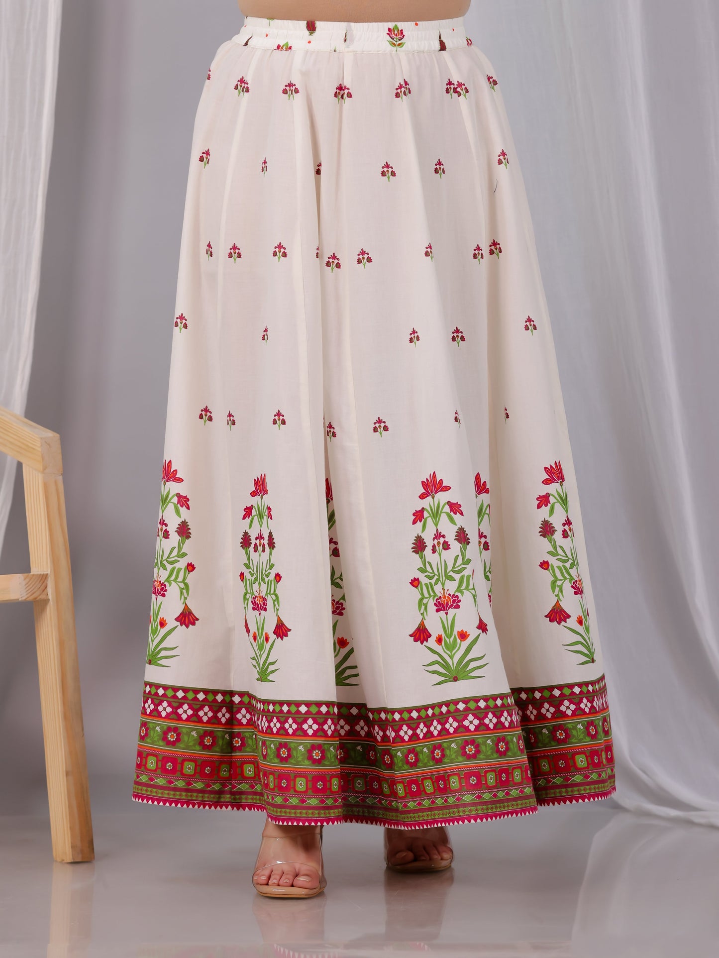 Soft Cotton Floral Flared Off White Kurta