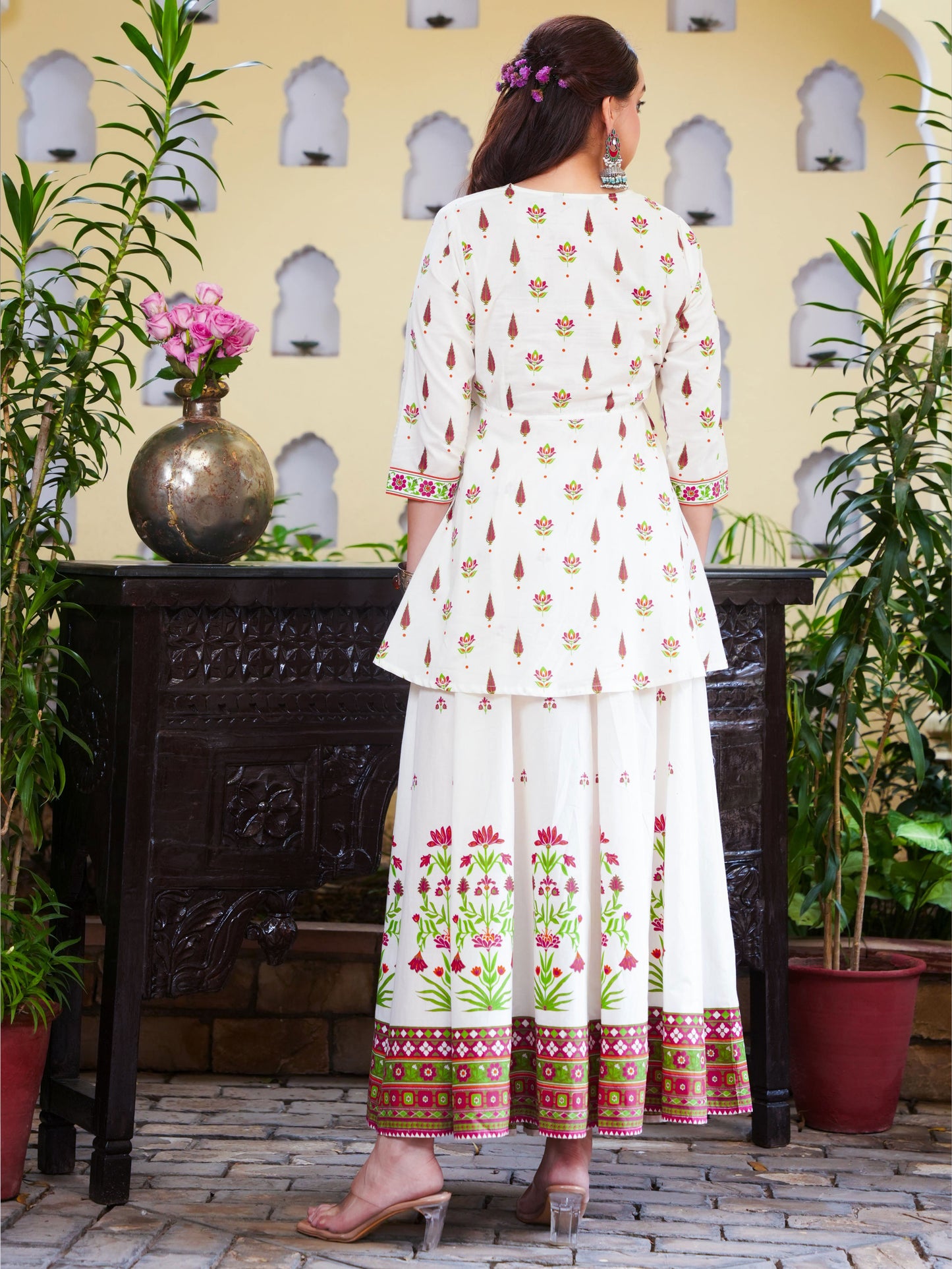 Soft Cotton Floral Flared Off White Kurta