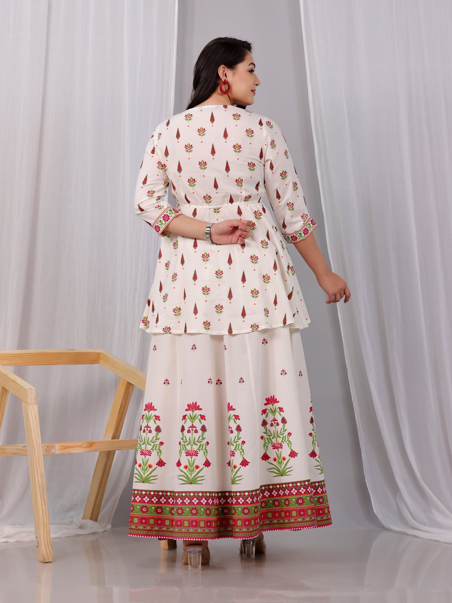 Soft Cotton Floral Flared Off White Kurta