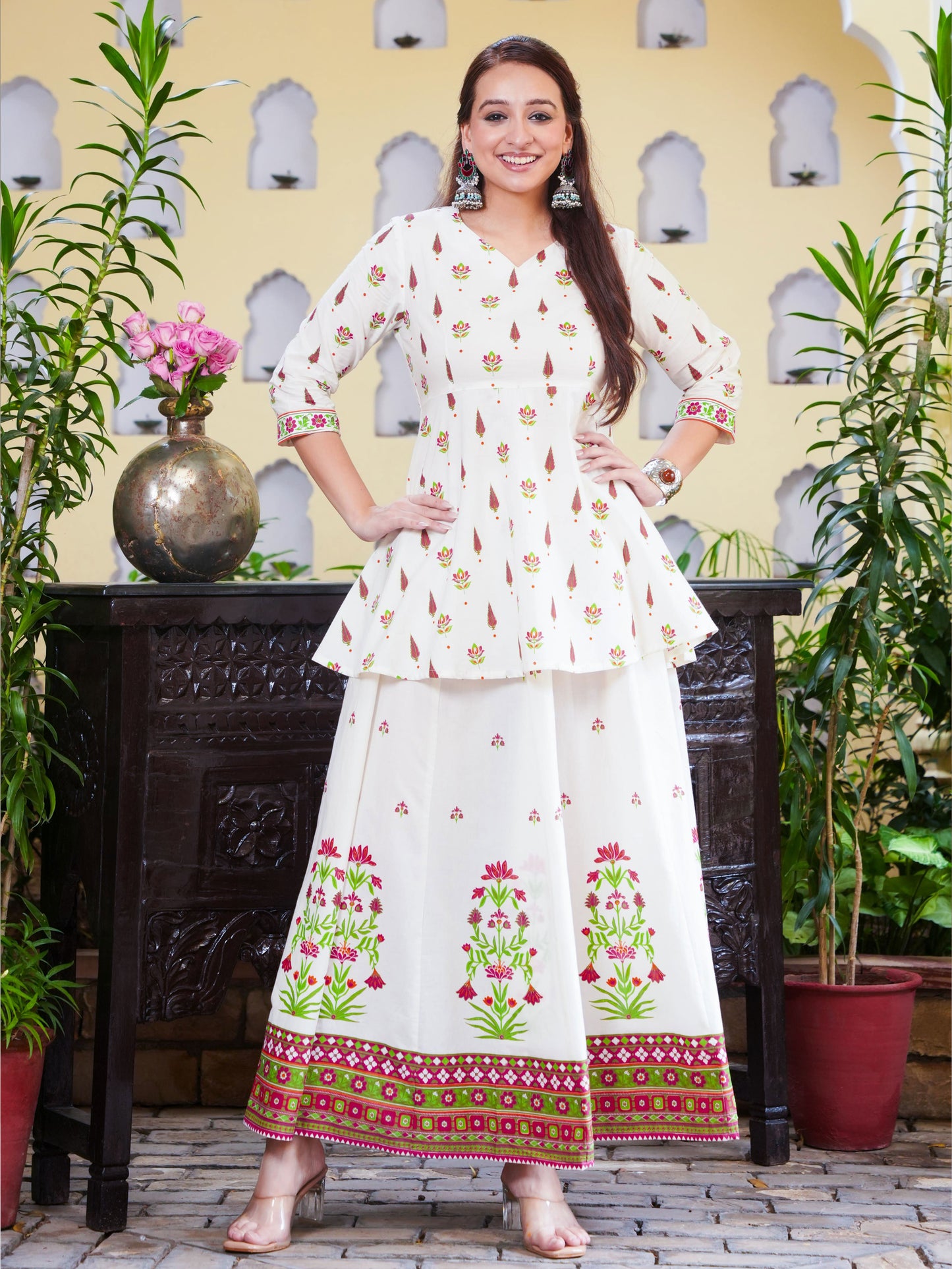 Soft Cotton Floral Flared Off White Kurta