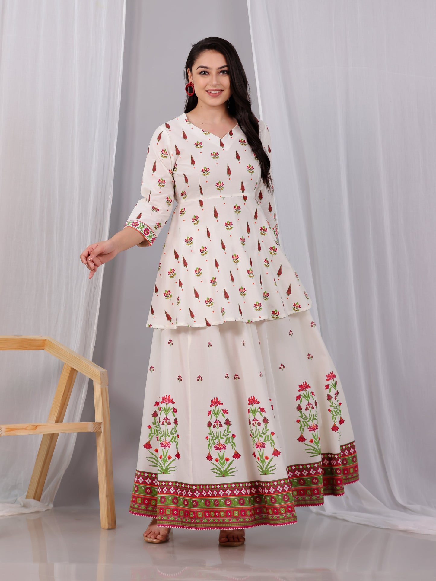 Soft Cotton Floral Flared Off White Kurta