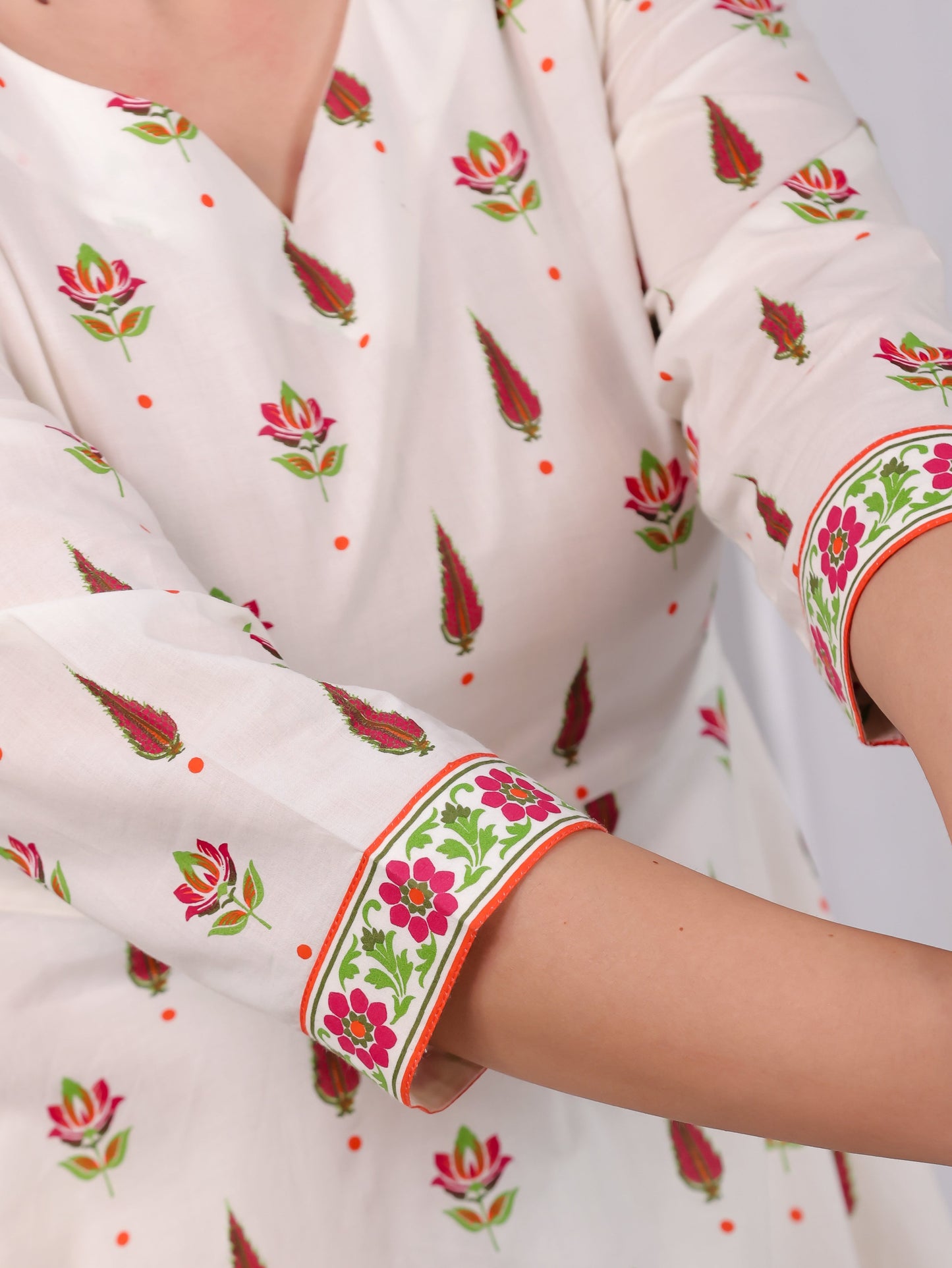 Soft Cotton Floral Flared Off White Kurta