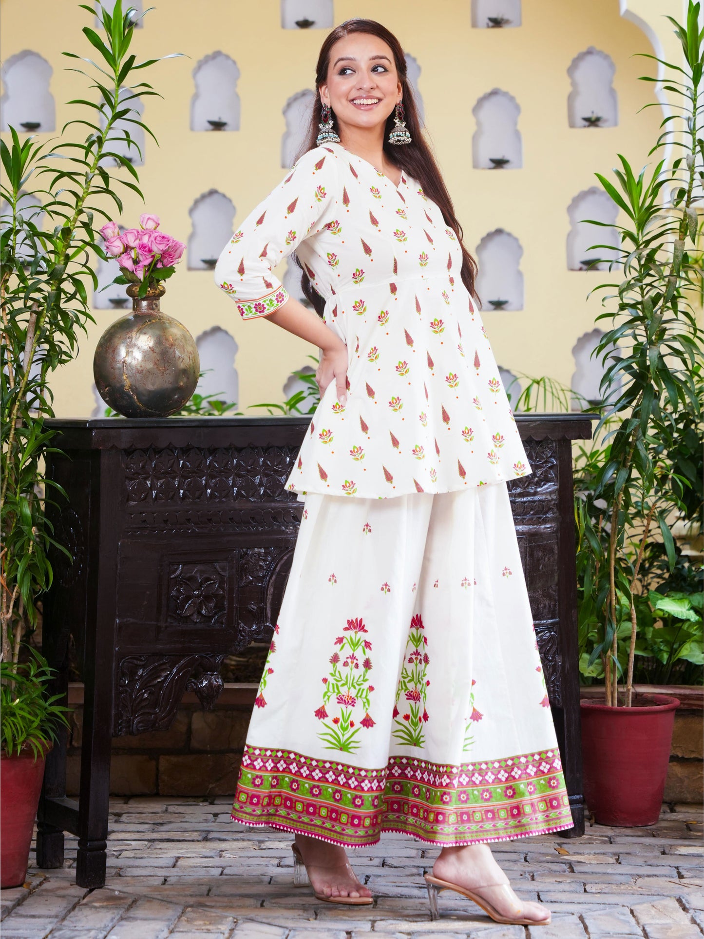 Soft Cotton Floral Flared Off White Kurta