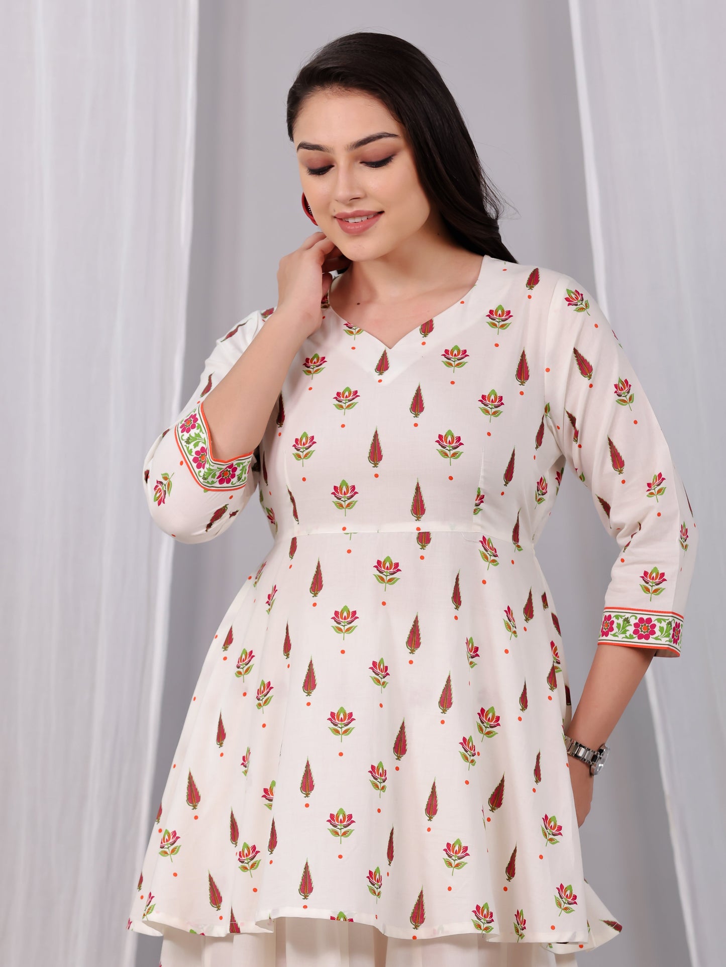 Soft Cotton Floral Flared Off White Kurta