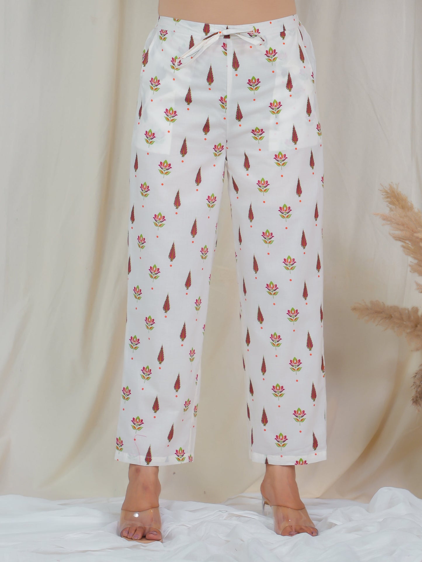 Soft Cotton Floral Off White Straight Trousers