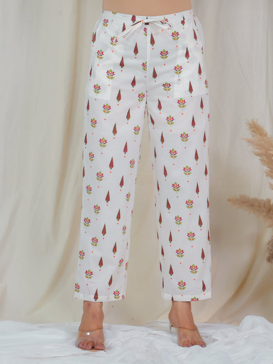 Soft Cotton Floral Off White Straight Trousers