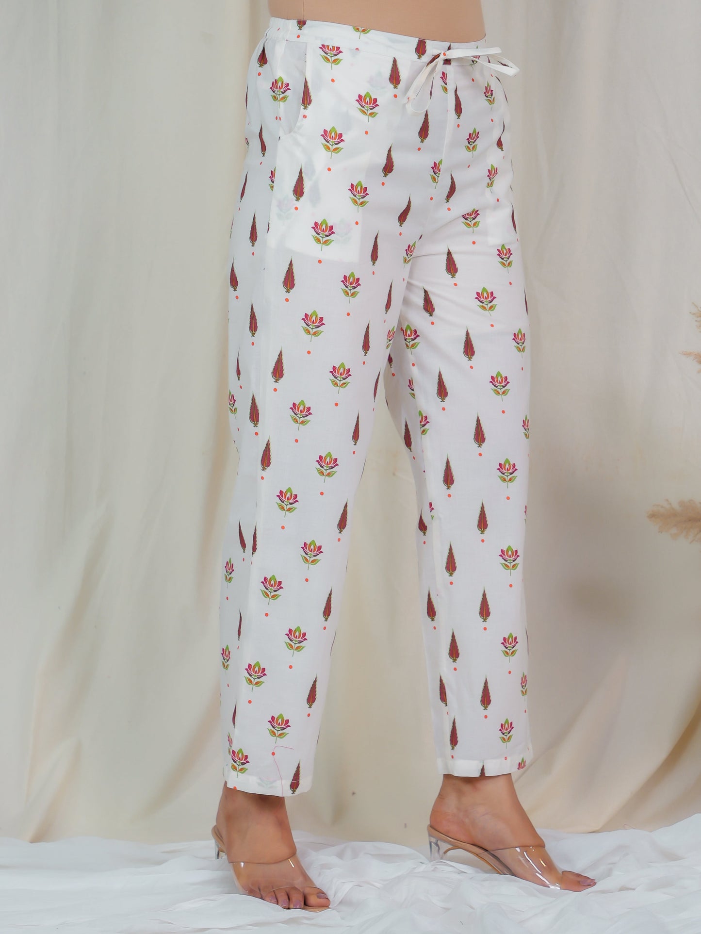 Soft Cotton Floral Off White Straight Trousers