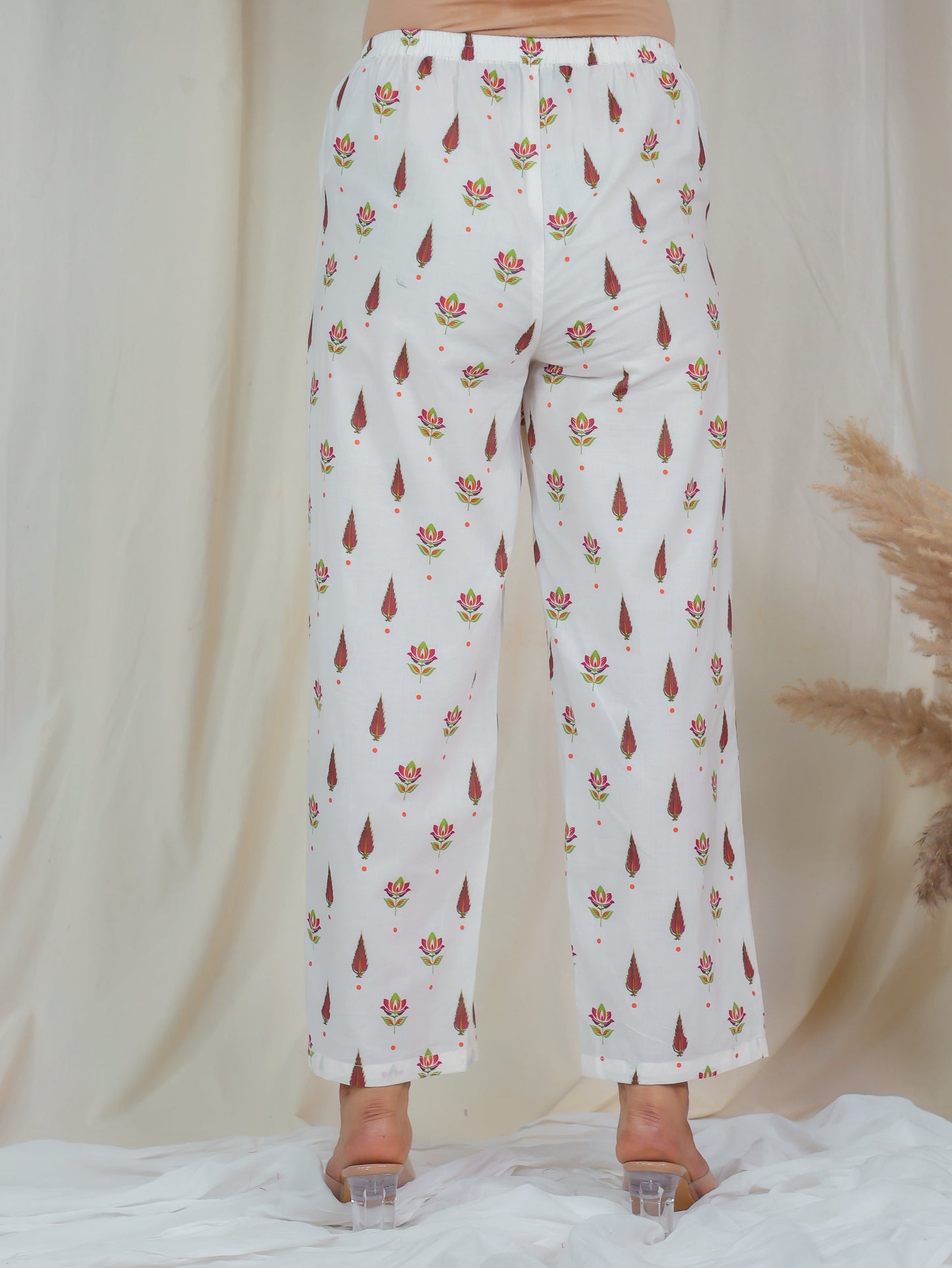 Soft Cotton Floral Off White Straight Trousers
