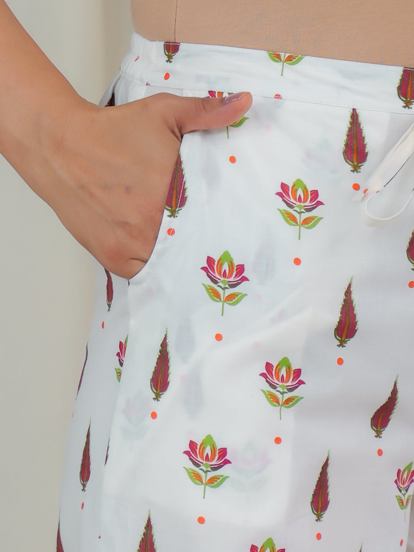 Soft Cotton Floral Off White Straight Trousers