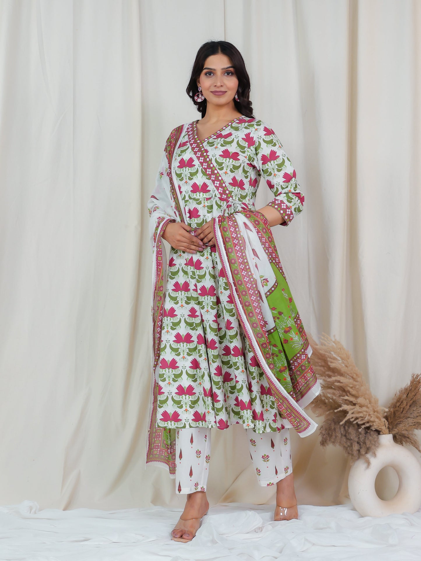 Soft Cotton Floral Angrakha Off White Kurta