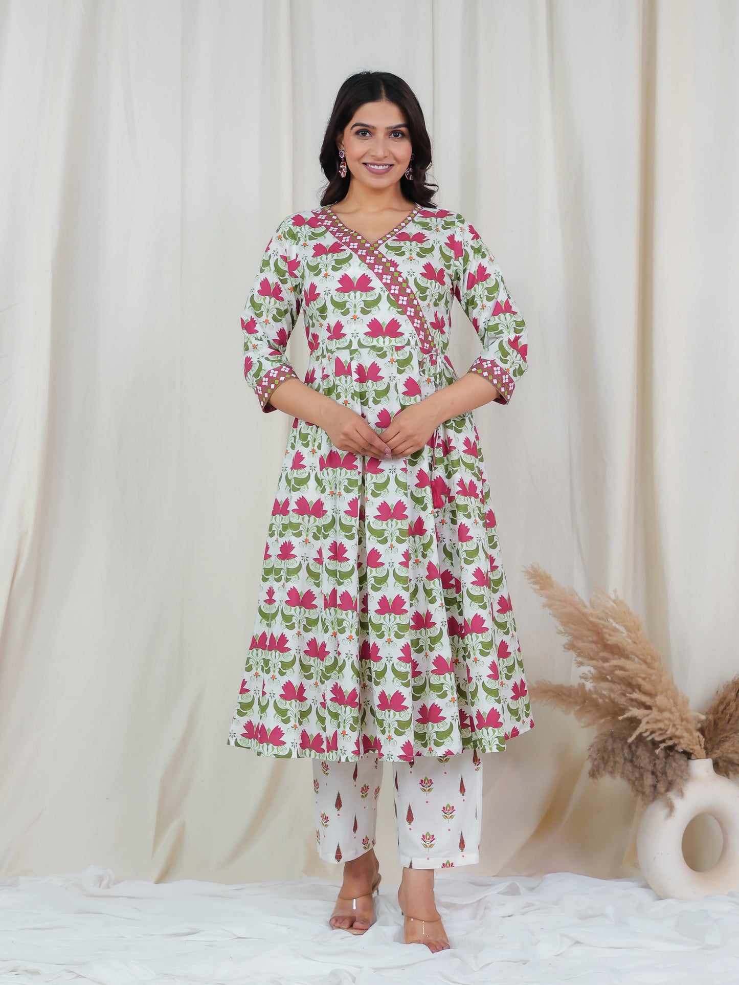 Soft Cotton Floral Angrakha Off White Kurta