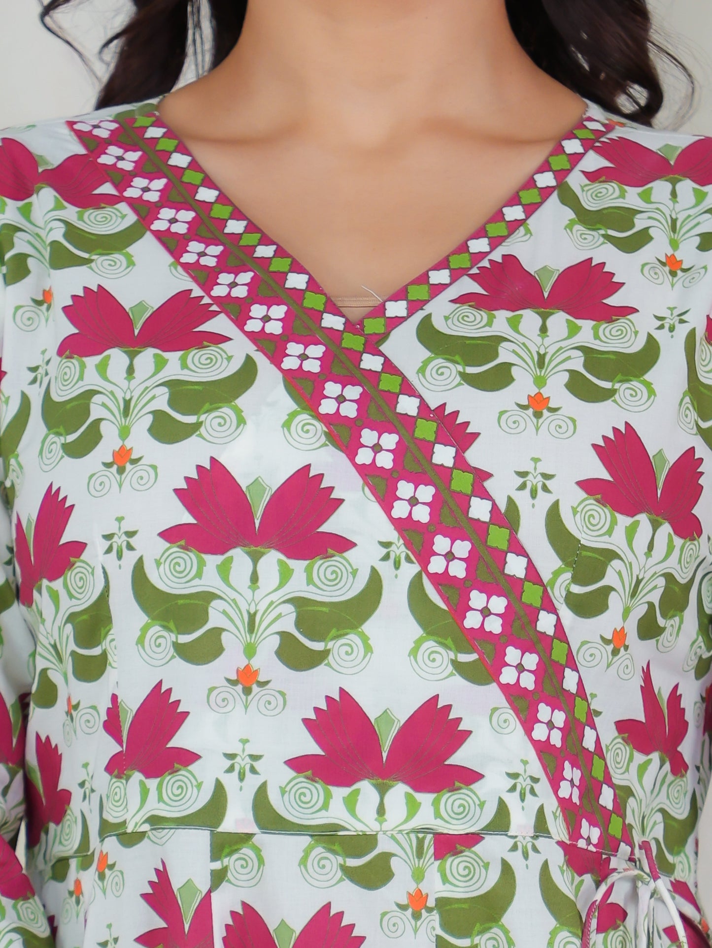 Soft Cotton Floral Angrakha Off White Kurta