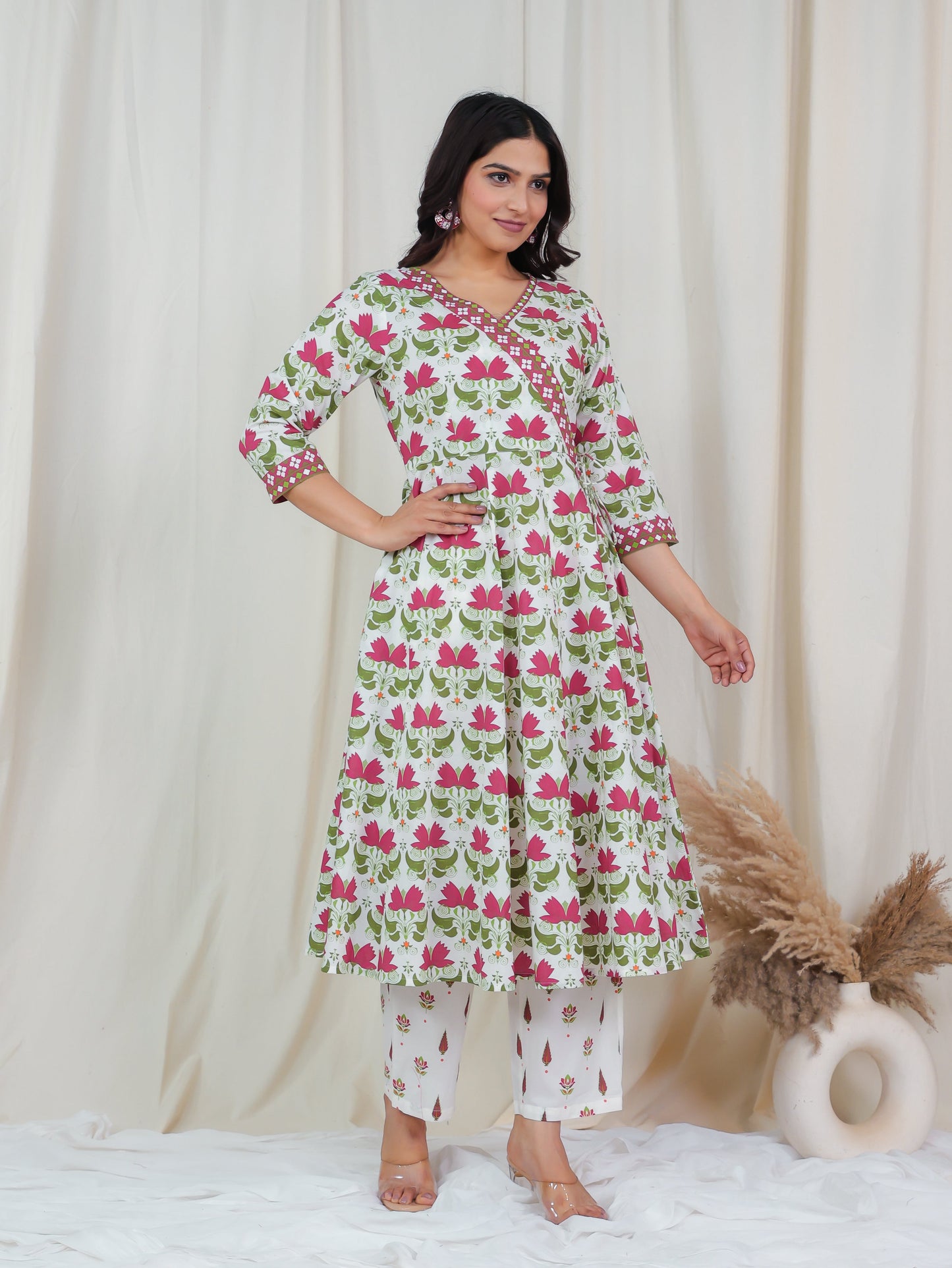 Soft Cotton Floral Angrakha Off White Kurta