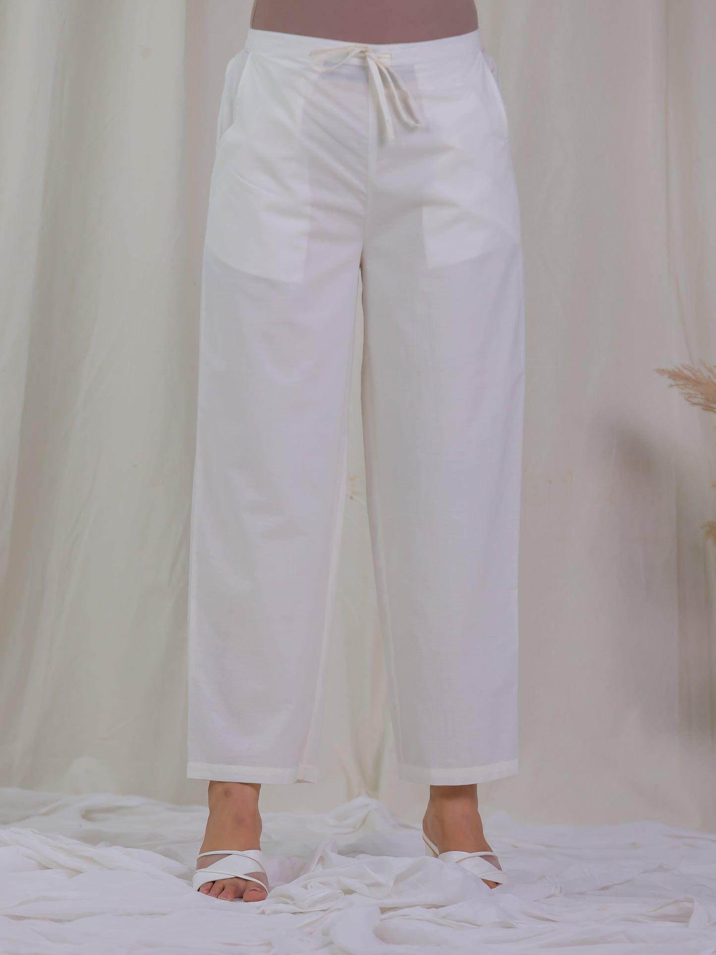 Soft Cotton Solid Off White Trousers Straight Trousers