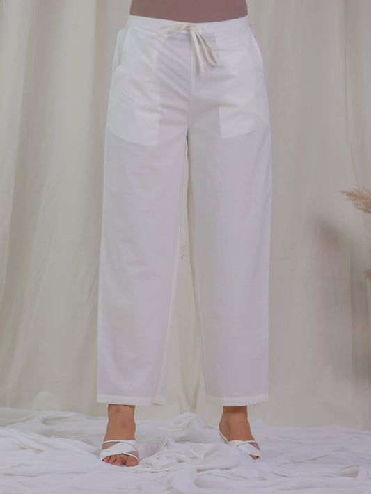 Soft Cotton Solid Off White Trousers Straight Trousers