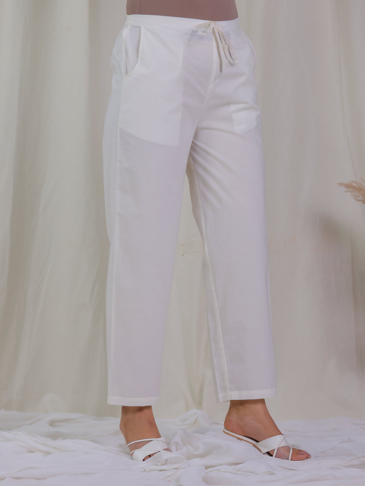 Soft Cotton Solid Off White Trousers Straight Trousers